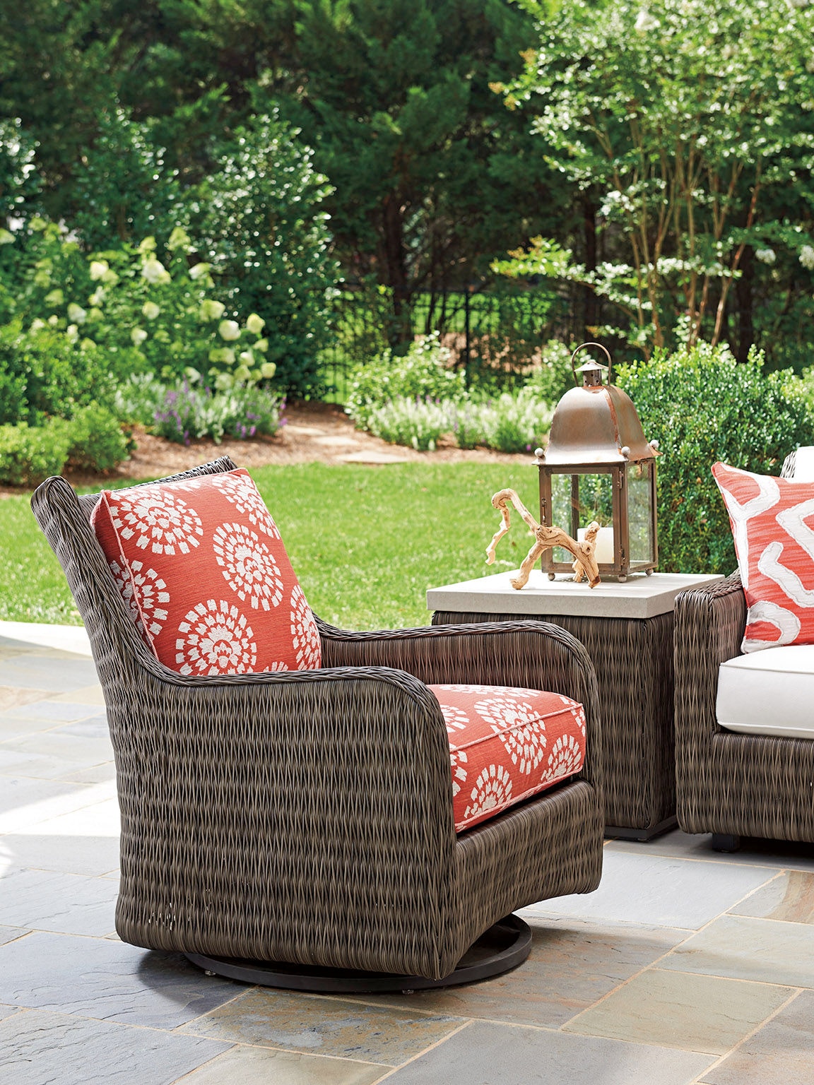 green patio cushion on Tommy Bahama Outdoor Living Outdoor Patio Occasional Swivel Glider Chair Shown With Cushion Set