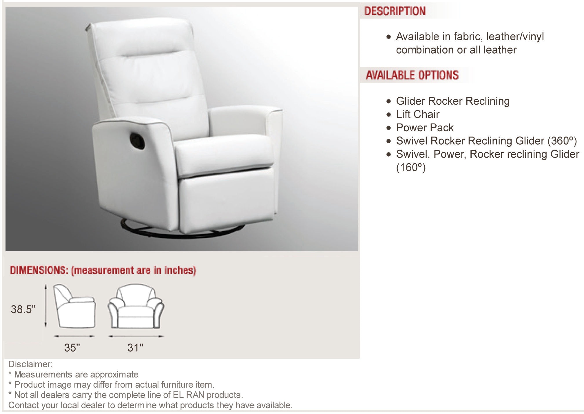 Elran Living Room Swivel Glider Recliner ERL0342SG Penny Mustard