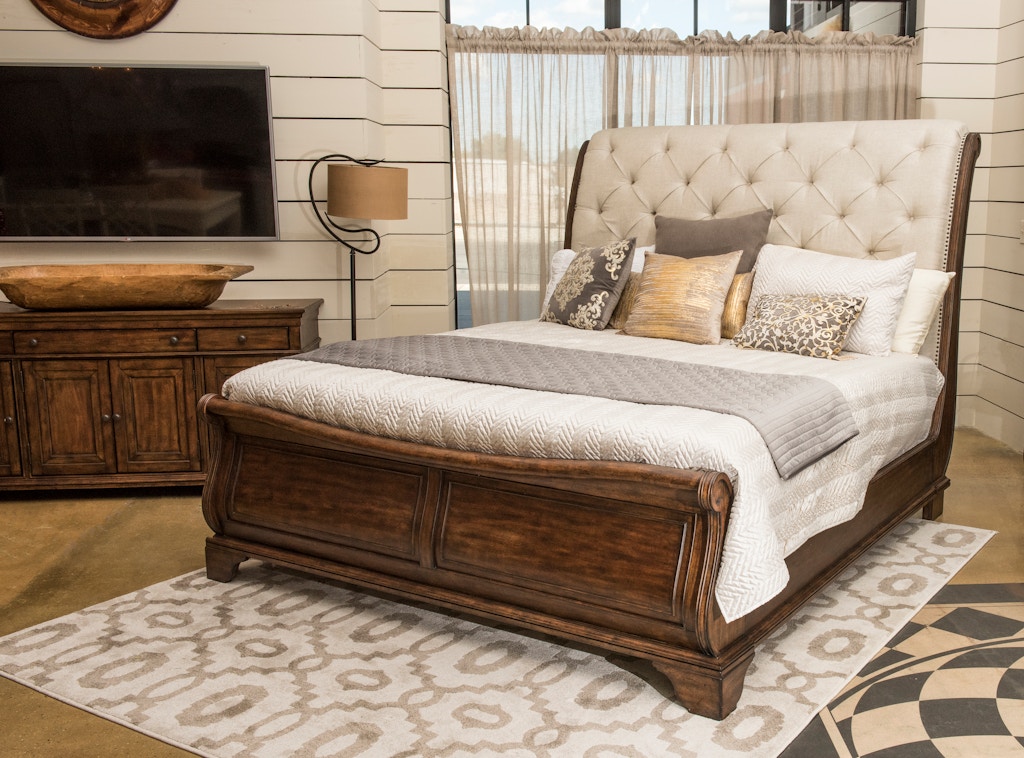 bedroom trisha yearwood dottie upholstered headboard sleigh bed - queen