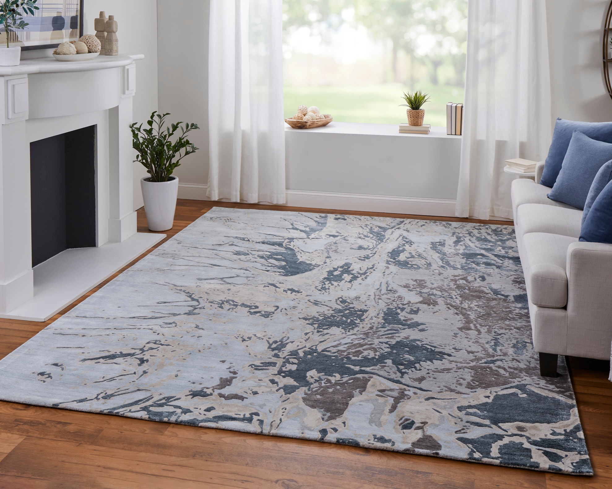 Zarah Modern Watercolor, Blue/Taupe/Green, 10' x 14' Area Rug