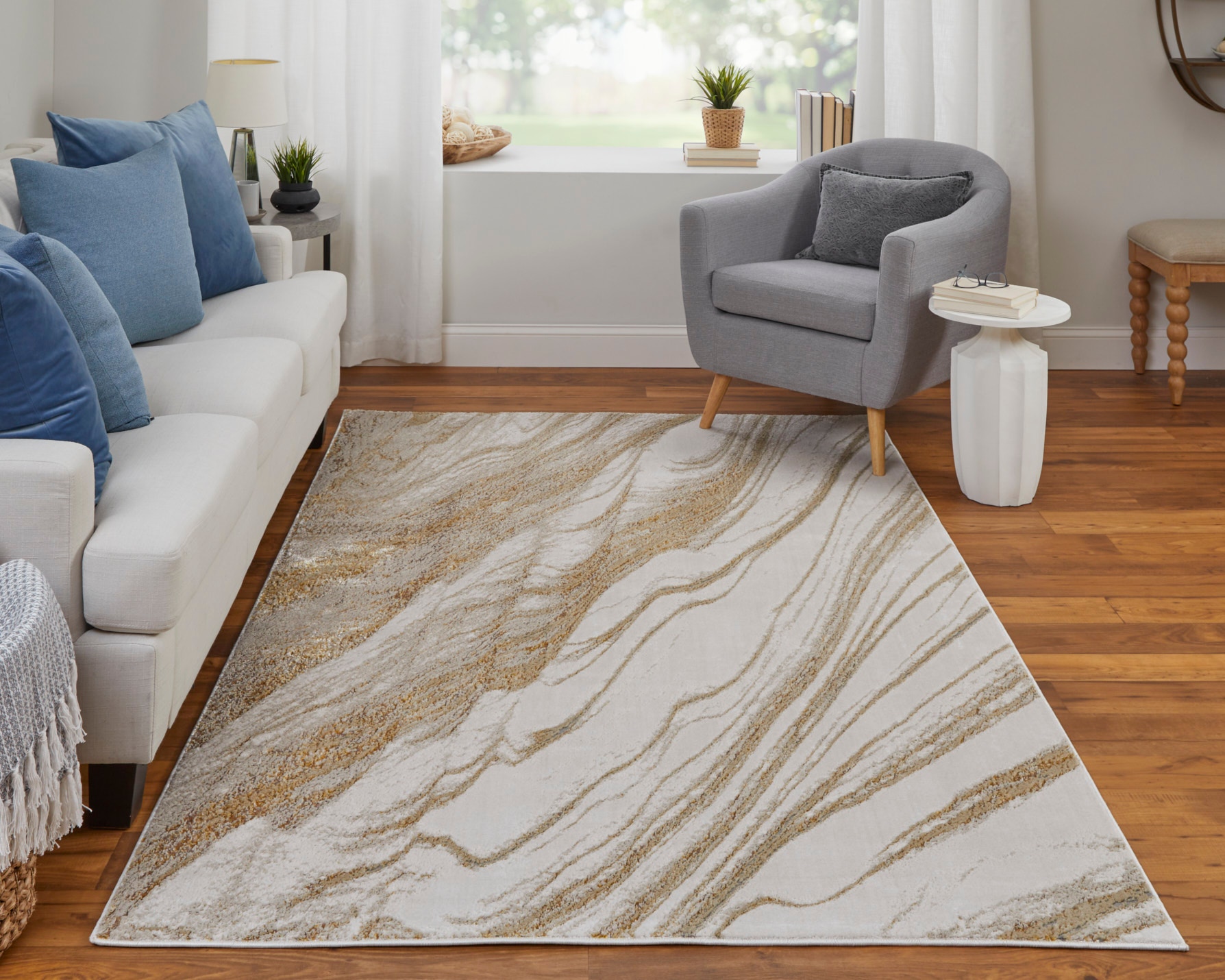 Aura Modern Abstract, Ivory/Taupe/Gold, 8' x 10' Area Rug
