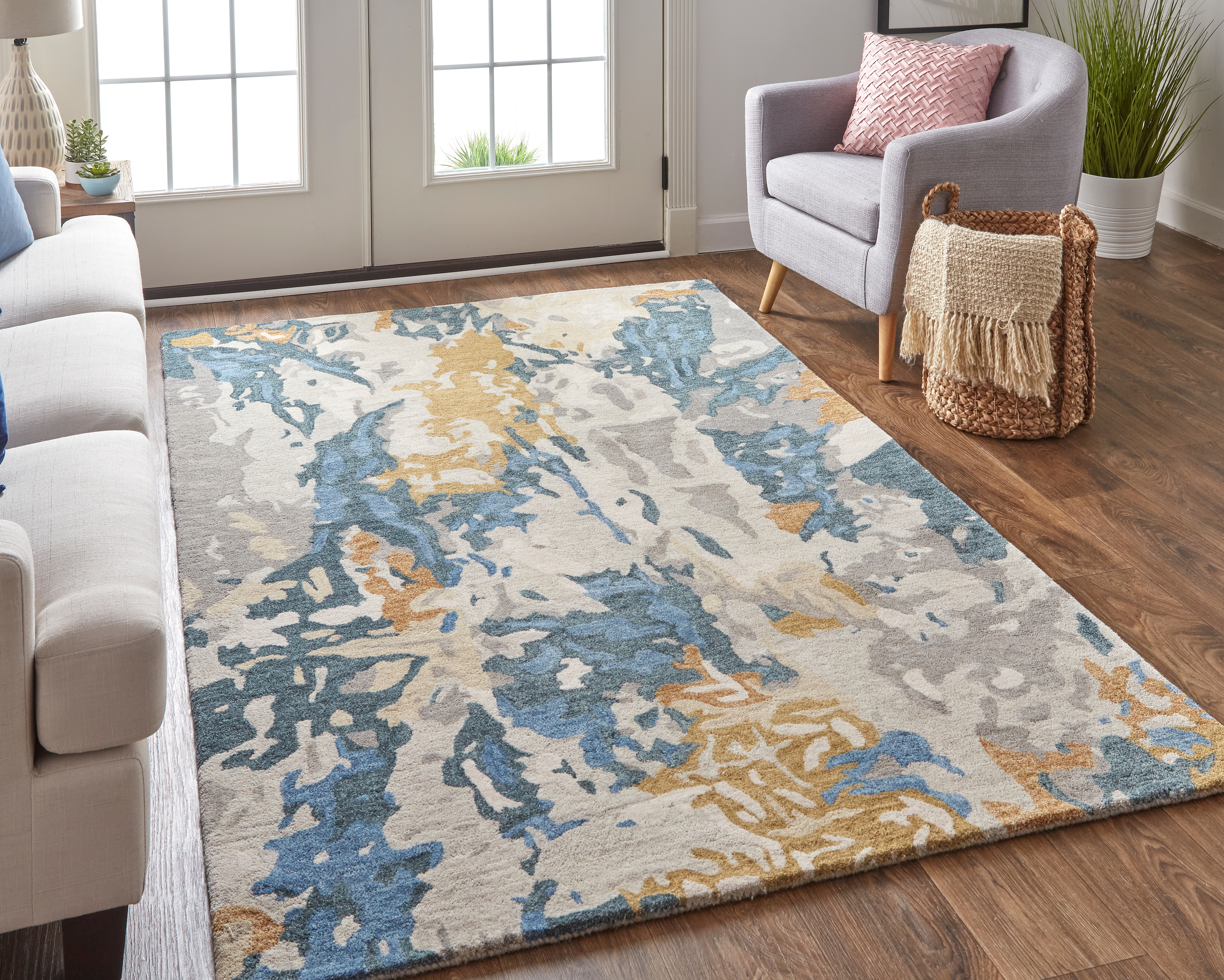 Everley Modern Abstract, Gray/Blue/Gold, 8' x 10' Area Rug