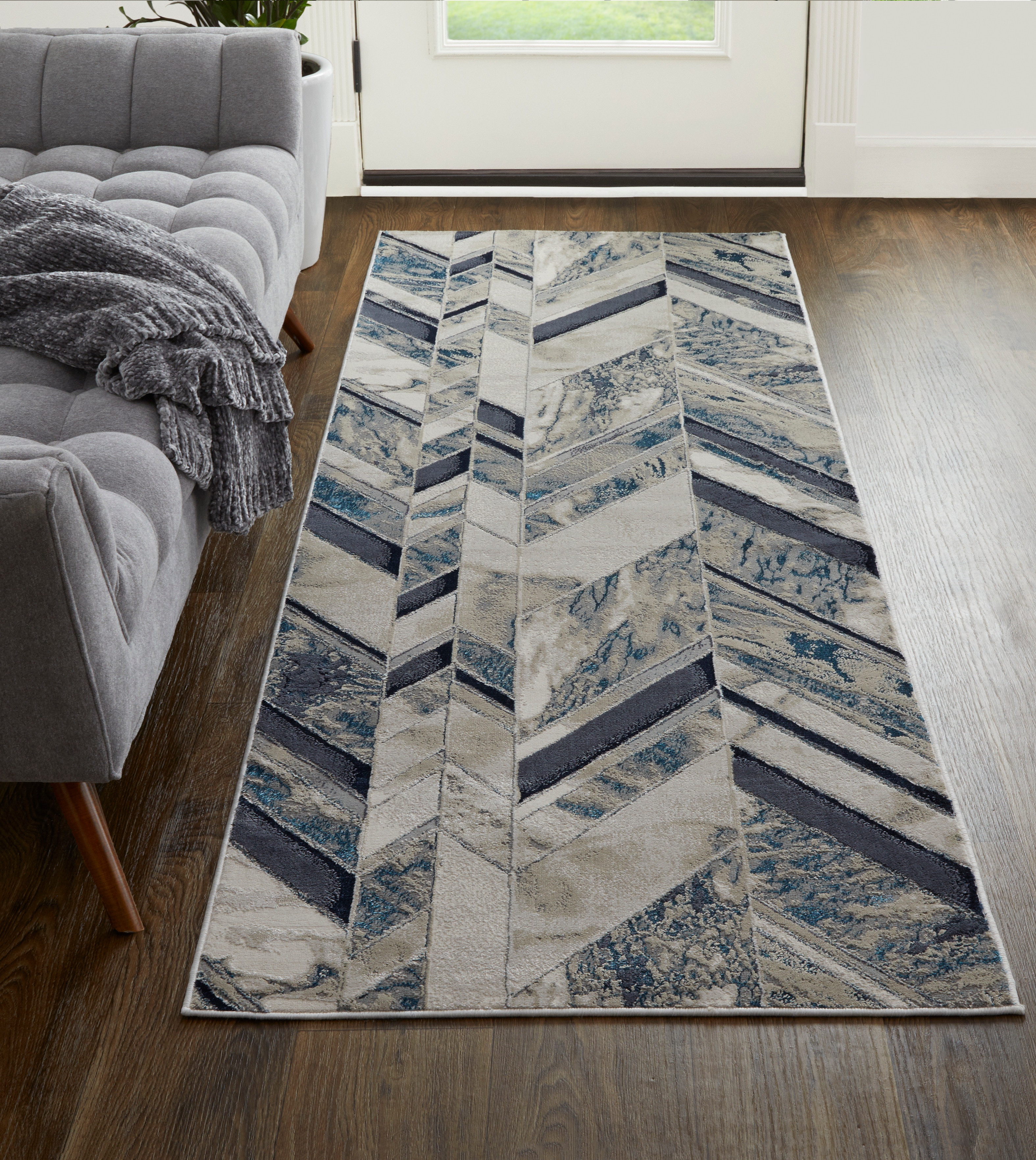 Indio Modern Herringbone, Ivory/Blue/Gray, 2'-10
