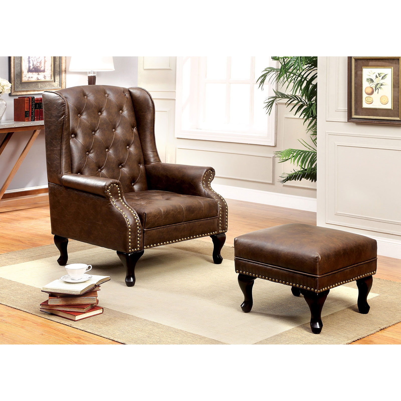 light brown leather chair with ottoman