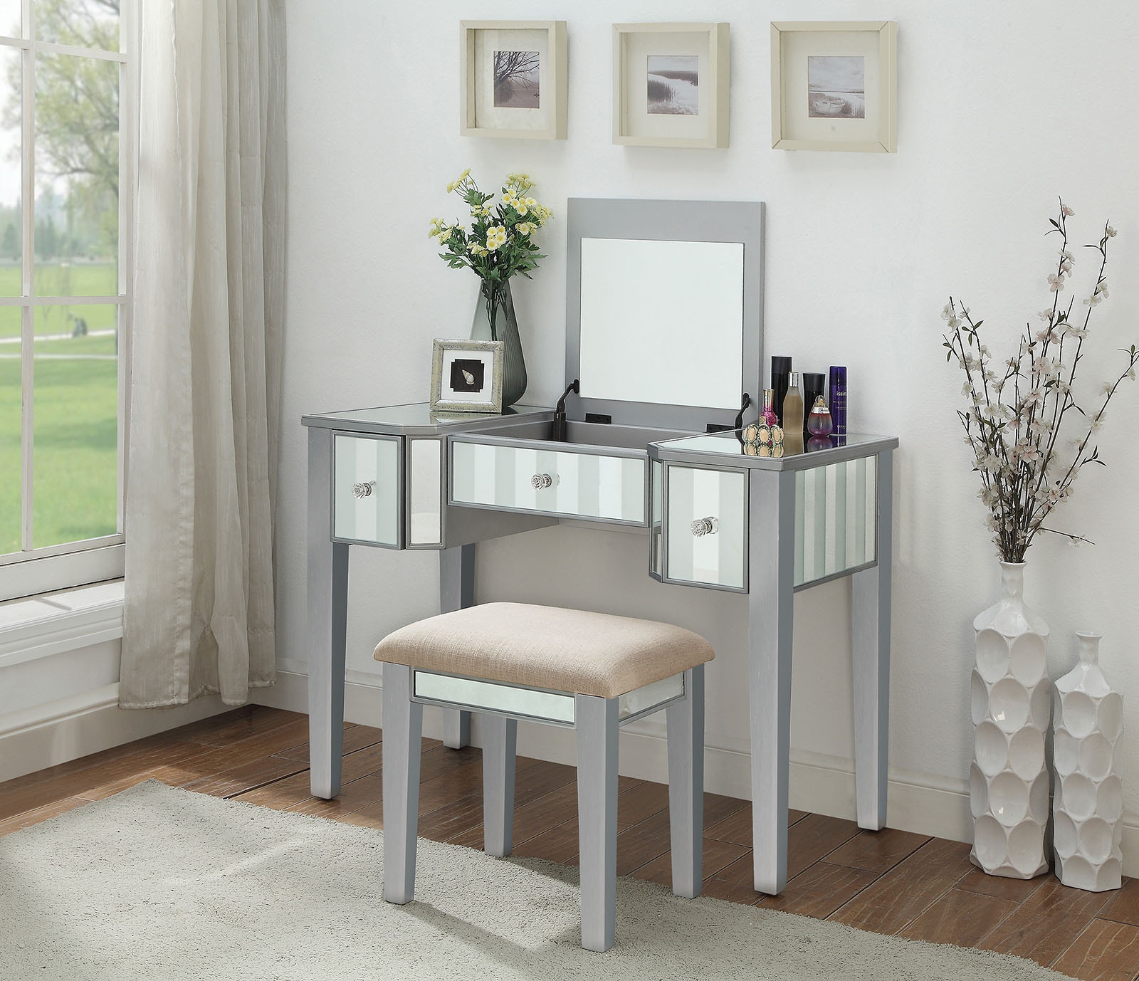 Furniture of America Bedroom Vanity with Stool CMDK6385SVUPS3 Anna