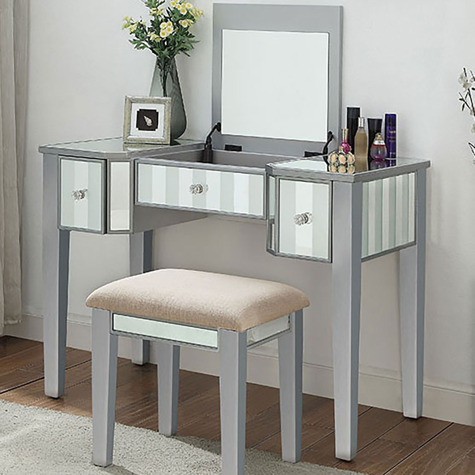 Furniture of America Vanity with Stool CM-DK6385SV-UPS3
