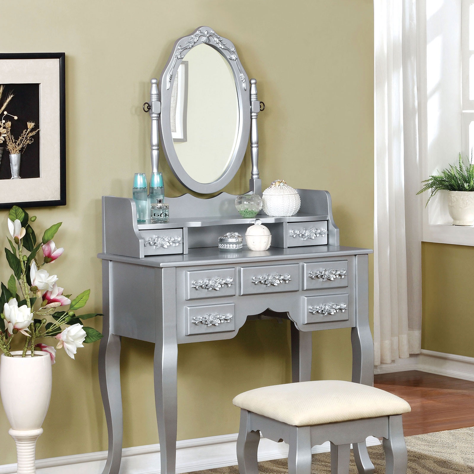 Furniture of America Vanity with Stool CM-DK6845SV