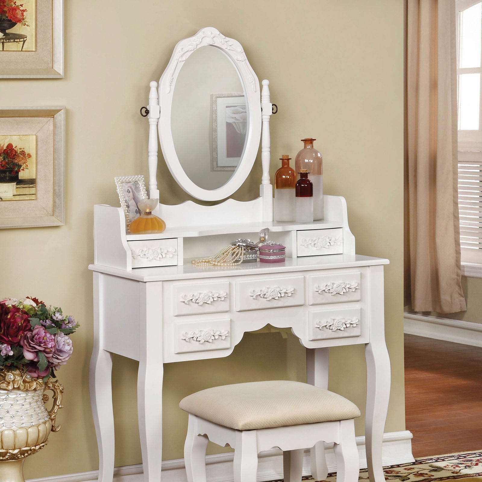 Furniture of America Vanity with Stool CM-DK6845WH