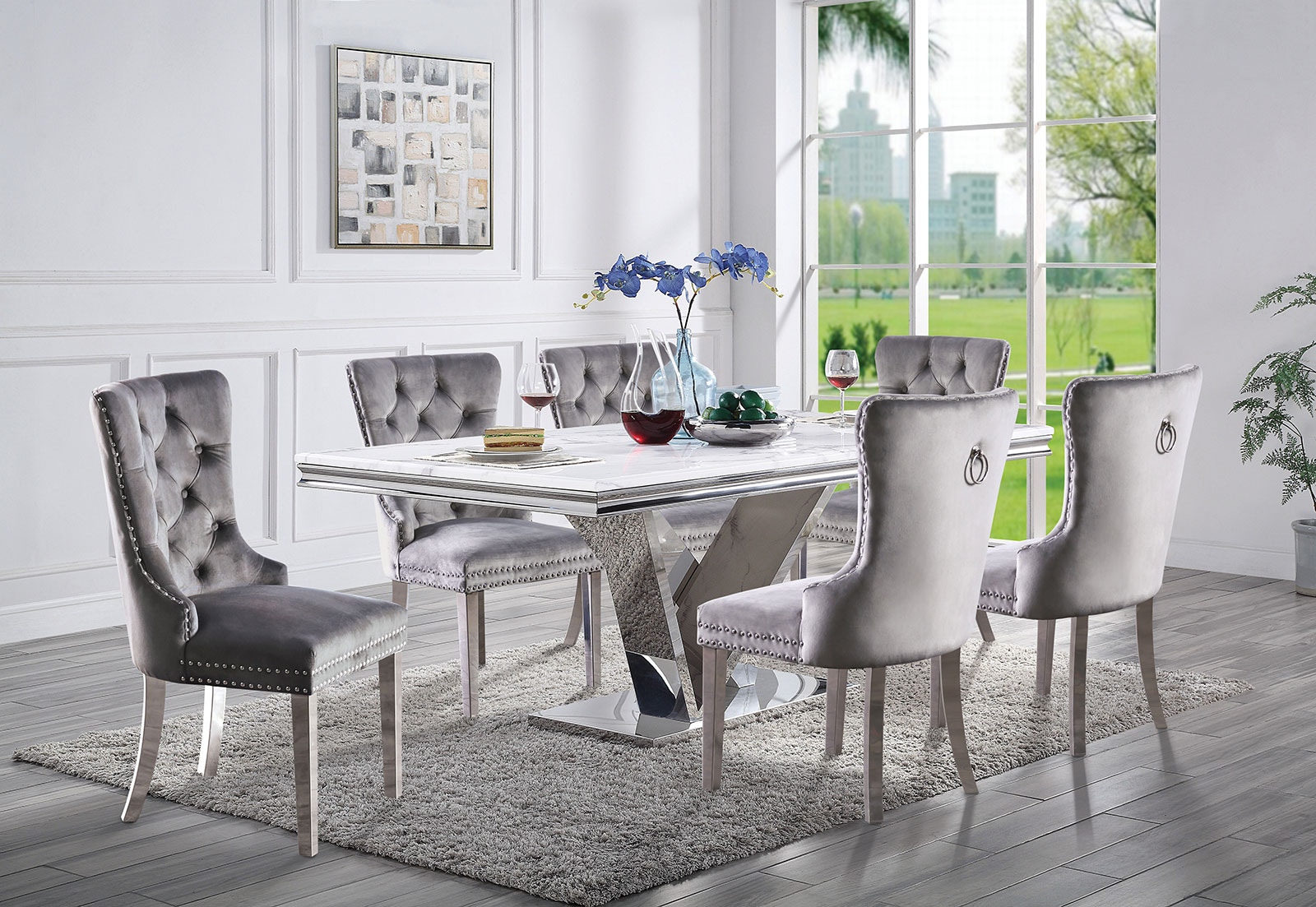  7 Pc. Dining Table Set, Gray Chairs 