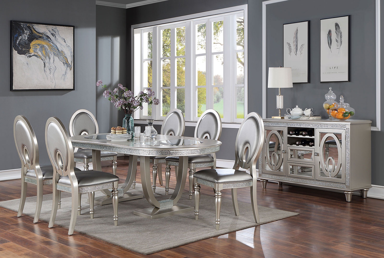 Furniture of America Casual Dining Oval Dining Table, Silver