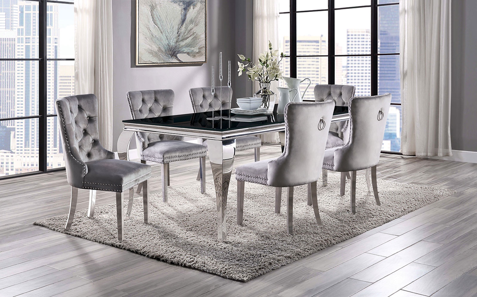  7 Pc. Dining Table Set, Gray Chairs 