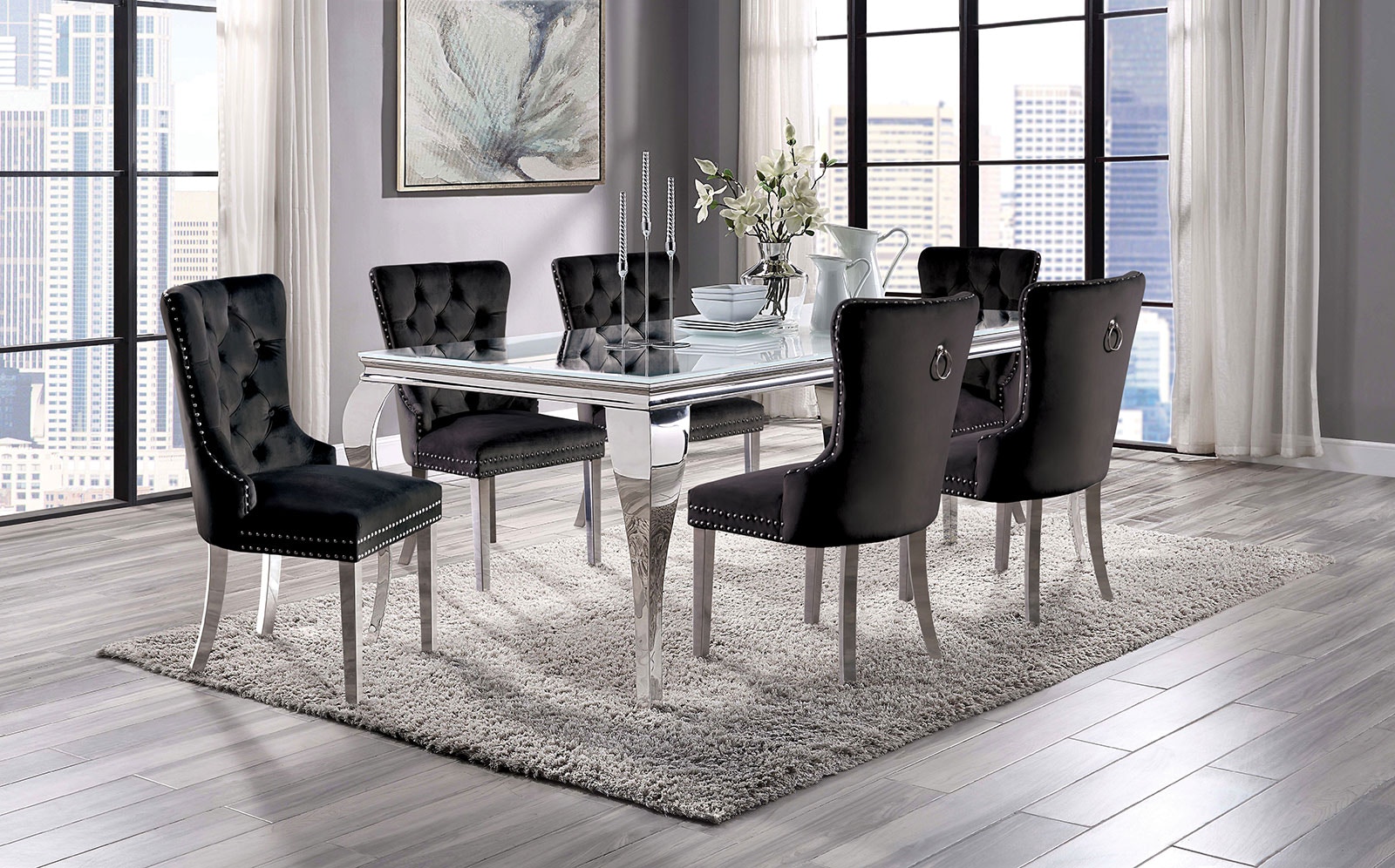  7 Pc. Dining Table Set, Black Chairs 