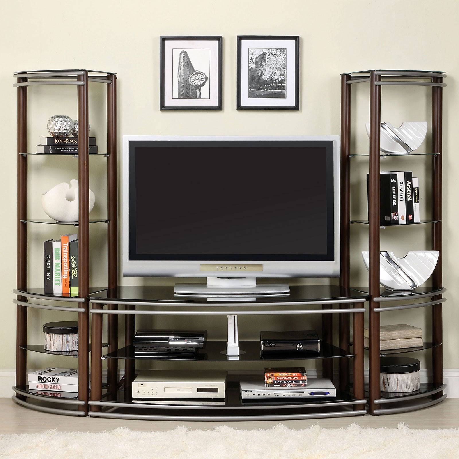 Furniture of America Home Entertainment TV Console 2 Pier Shelves