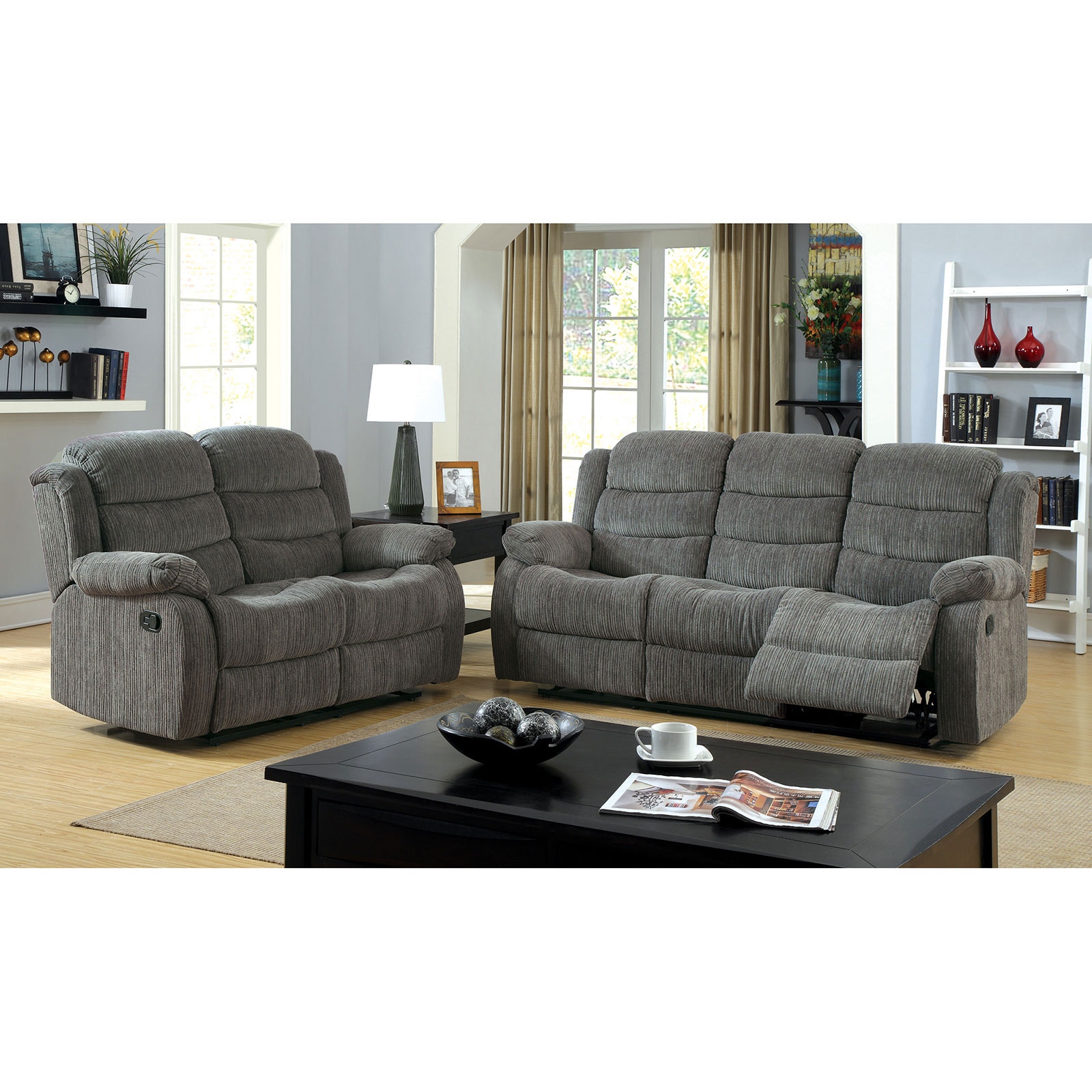 Furniture of America Living Room Sofa with 2 Recliners CM6173GYSF