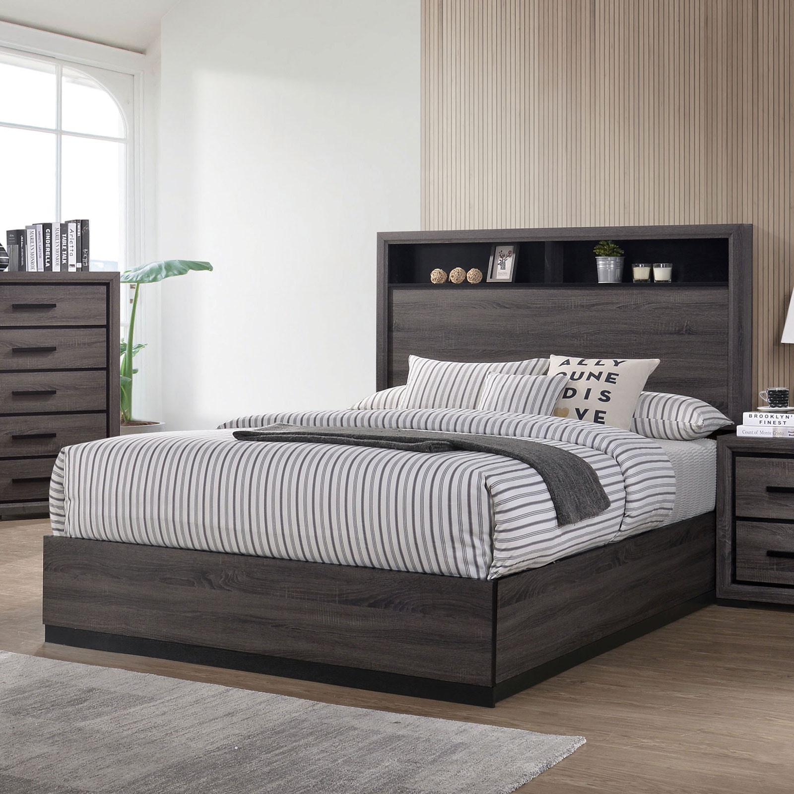 California king bed frame store with bookcase headboard