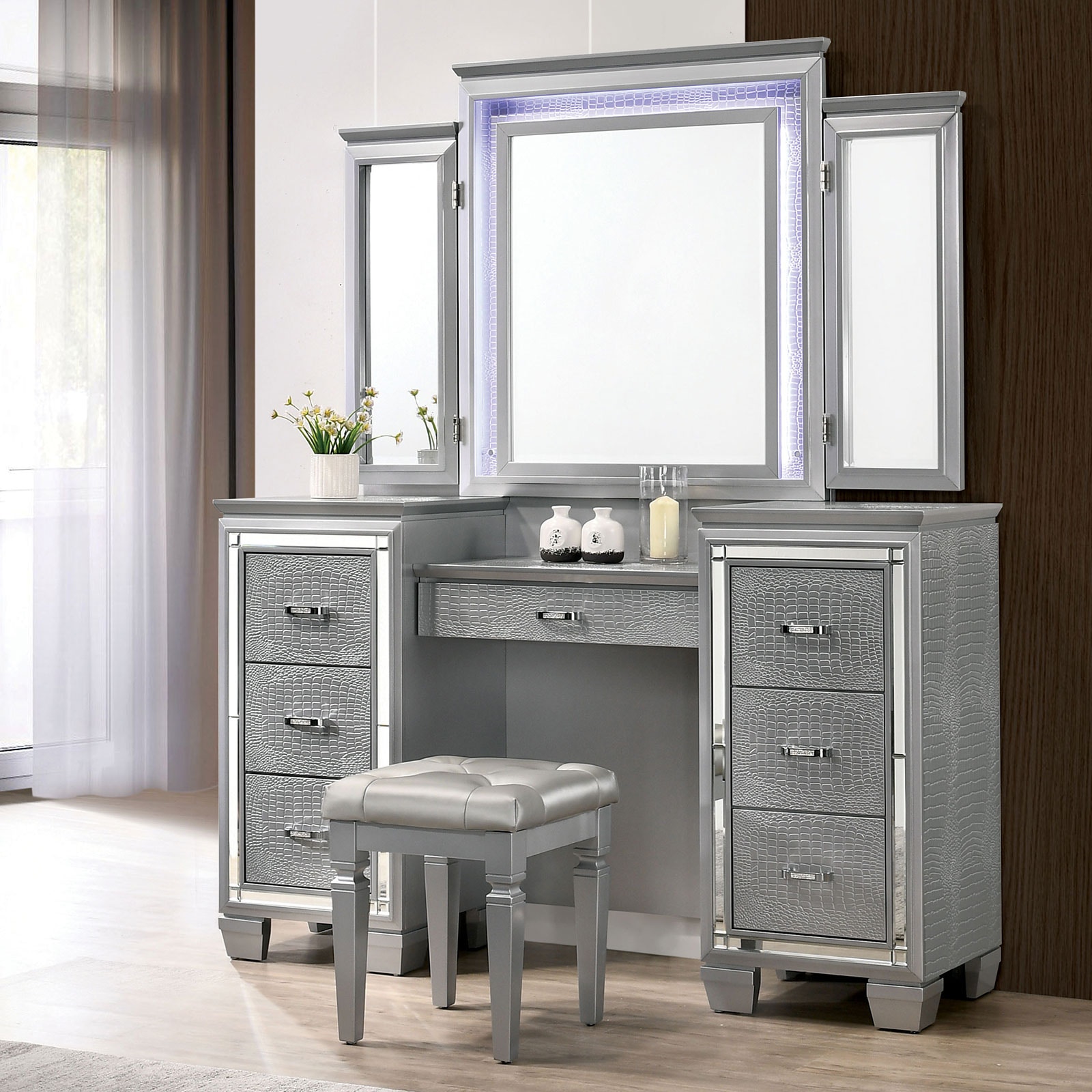 Furniture of America Bedroom Vanity with Stool CM7979SV-V-SET