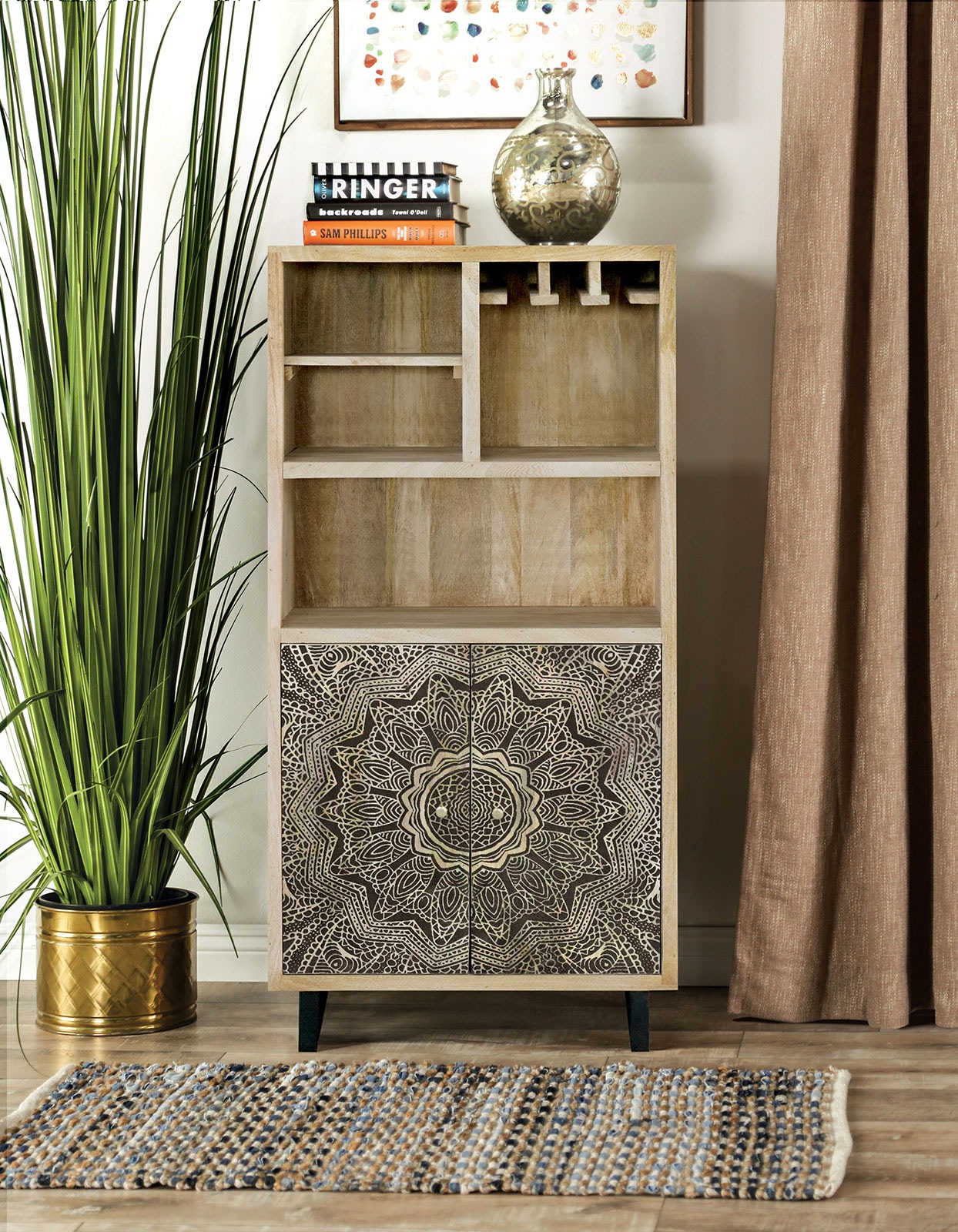 Furniture of America Wine Cabinet, Natural/Black FOA51046