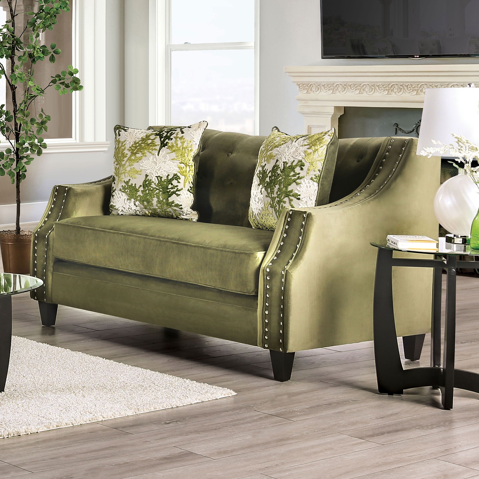 Green loveseat best sale and chair