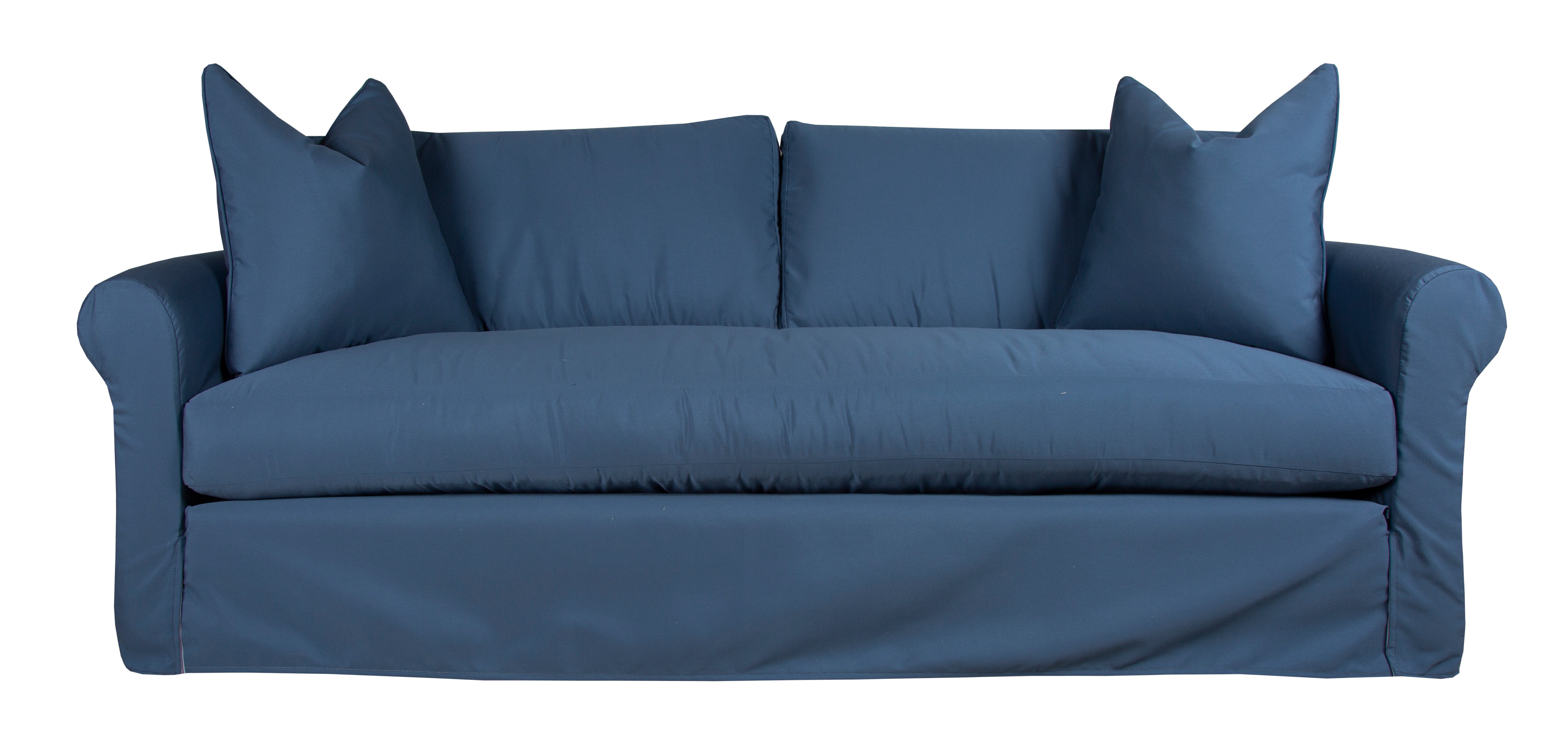 Navy slipcovered store sofa