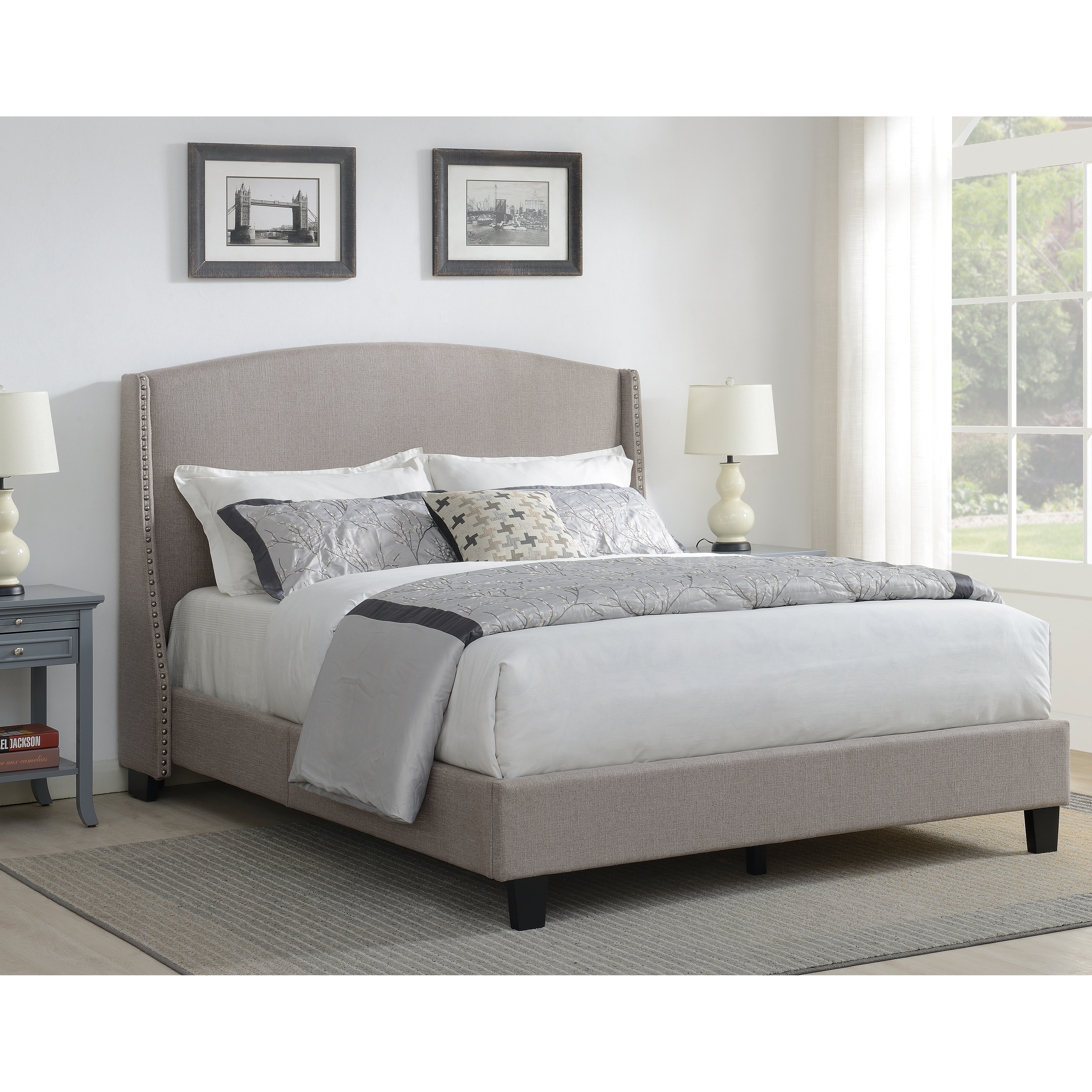ACH Bedroom Shelter Style Upholstered Wingback Queen Bed in Storm