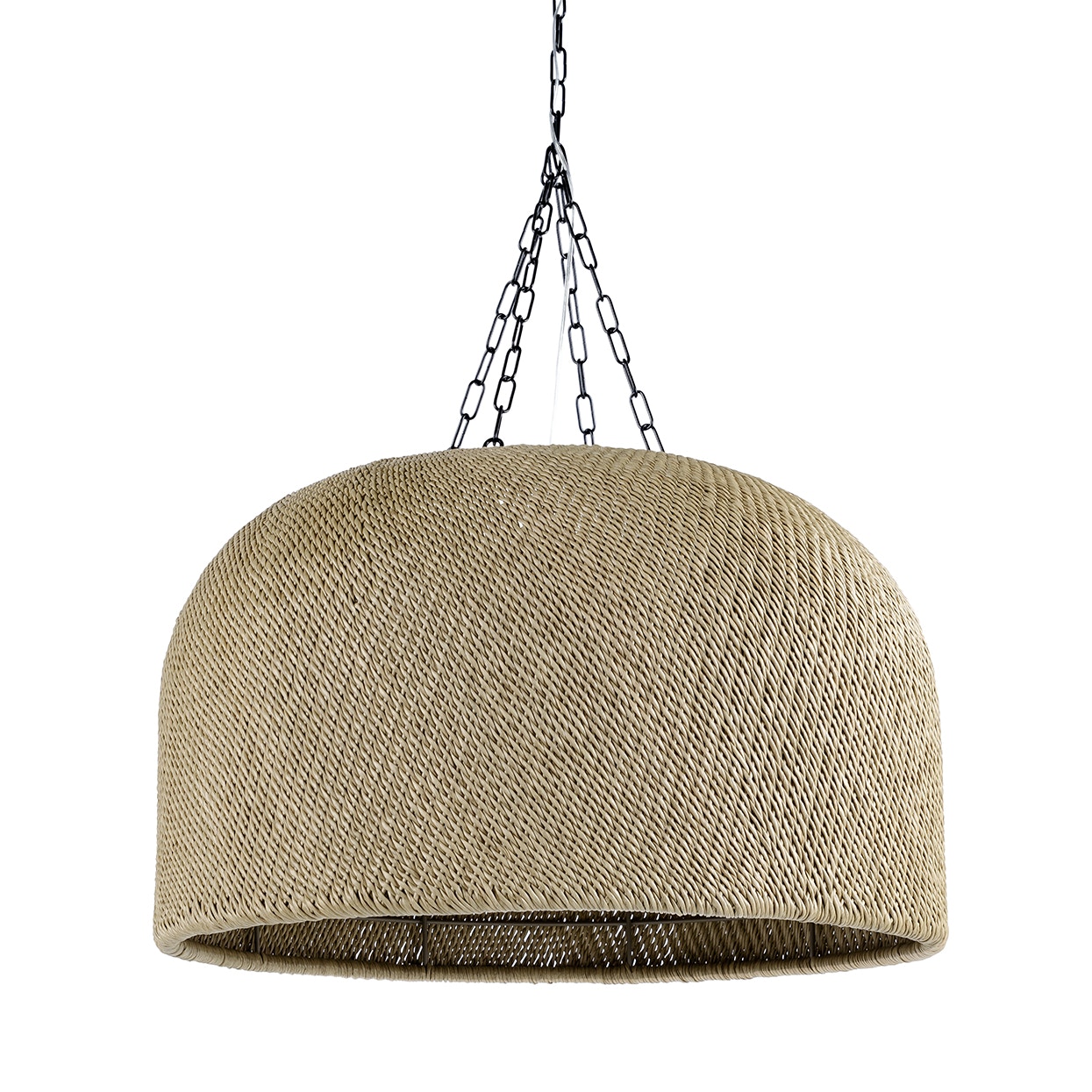 Powder coated metal frame intricately hand twisted with all weather synthetic wicker in seagrass