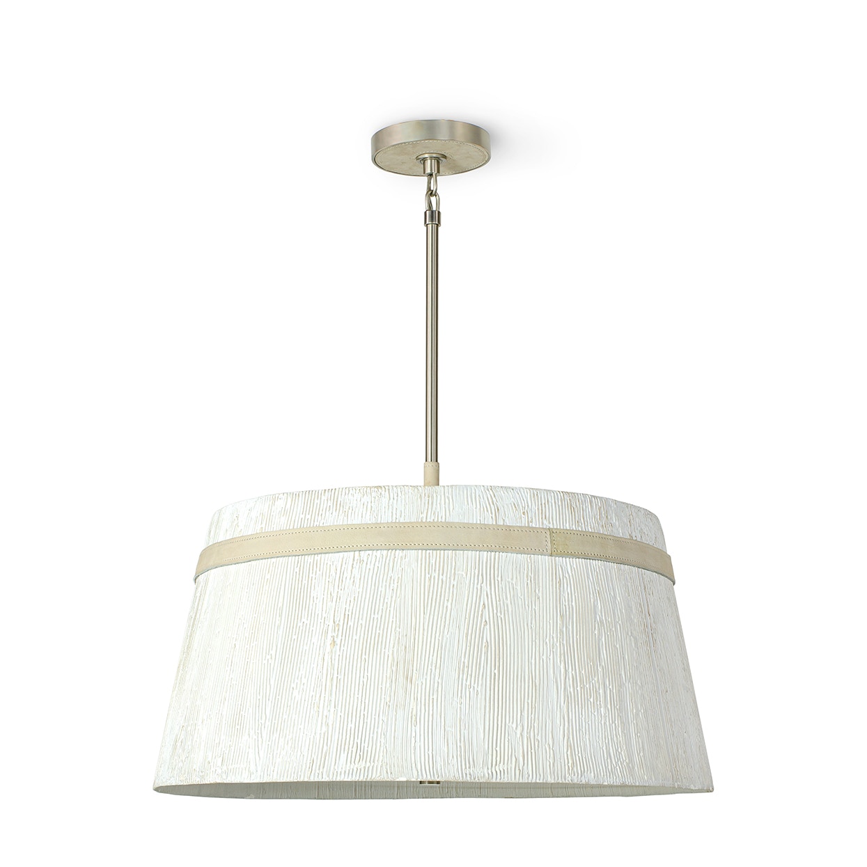 Metal shade features a white textured gesso finish accented Metal shade features a white textured gesso finish accented