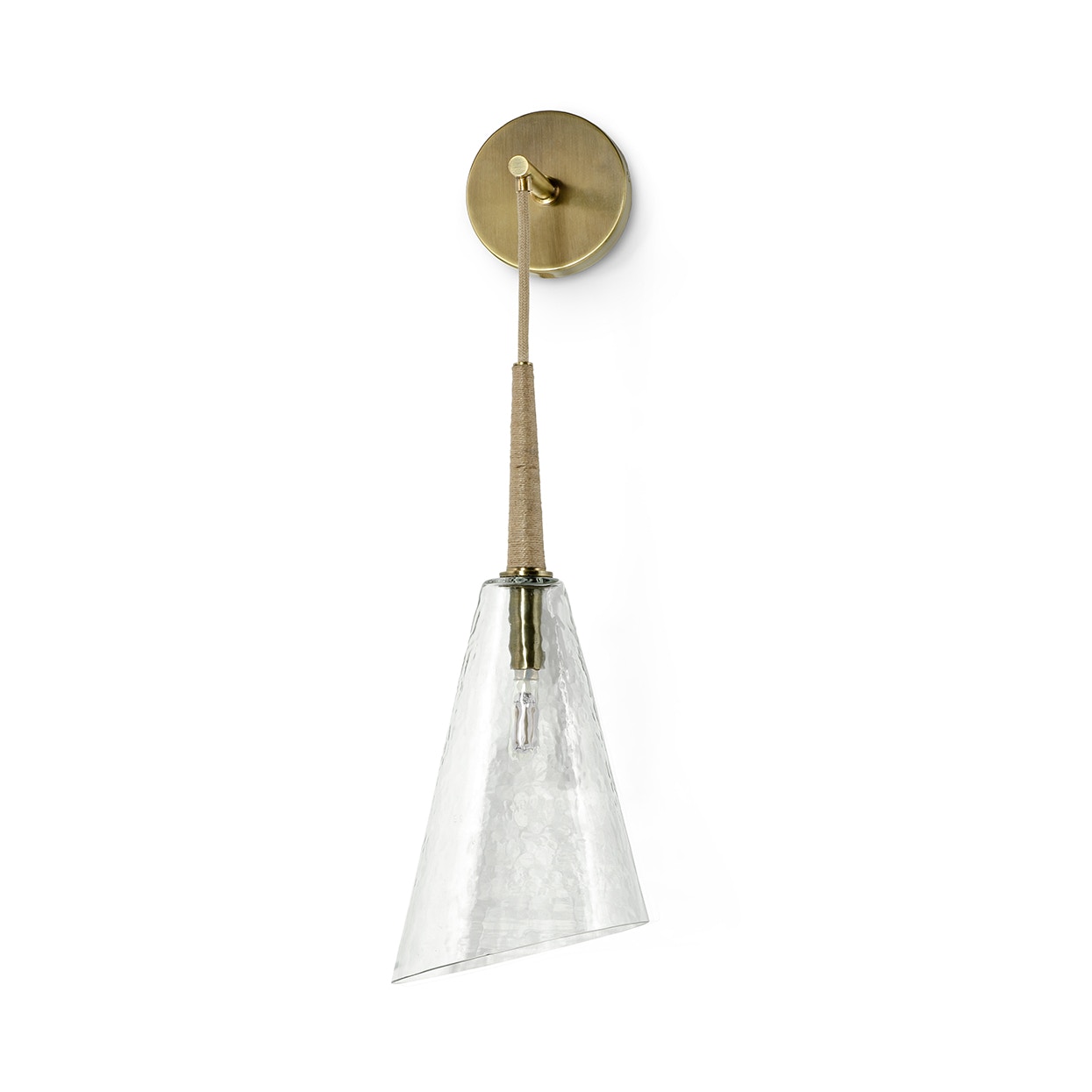 Sconce features a glass cone accented with hand wrapped jute rope details. Sconce is complete with