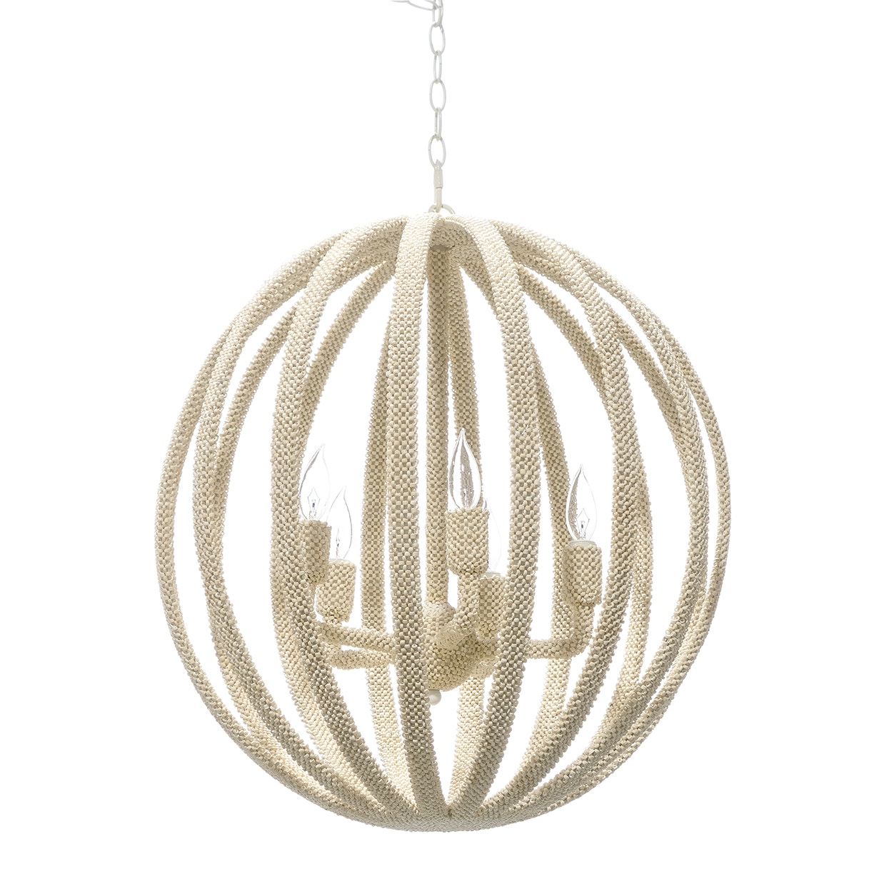 Classic metal chandelier silhouette fully covered with tiny woven 