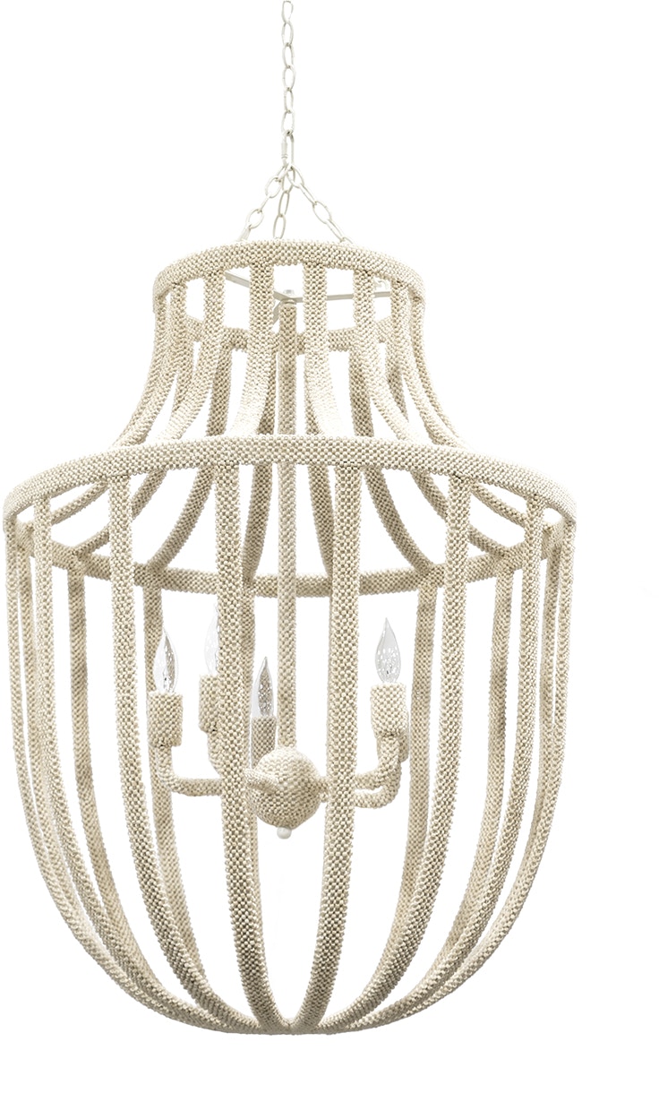 Classic metal chandelier silhouette fully covered with tiny woven coco  beads in a soft white