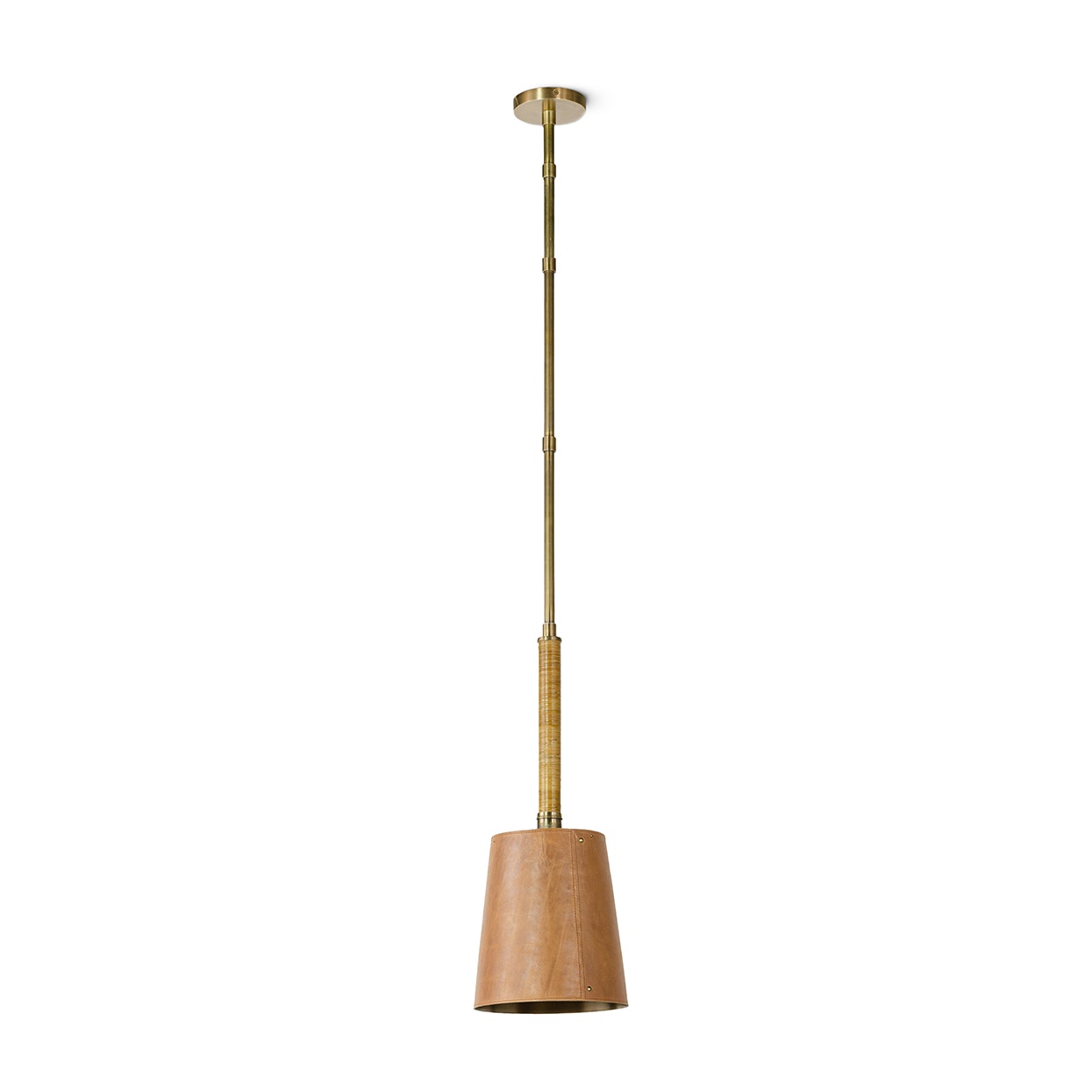 Metal shade features handwrapped leather accented with brass rivets