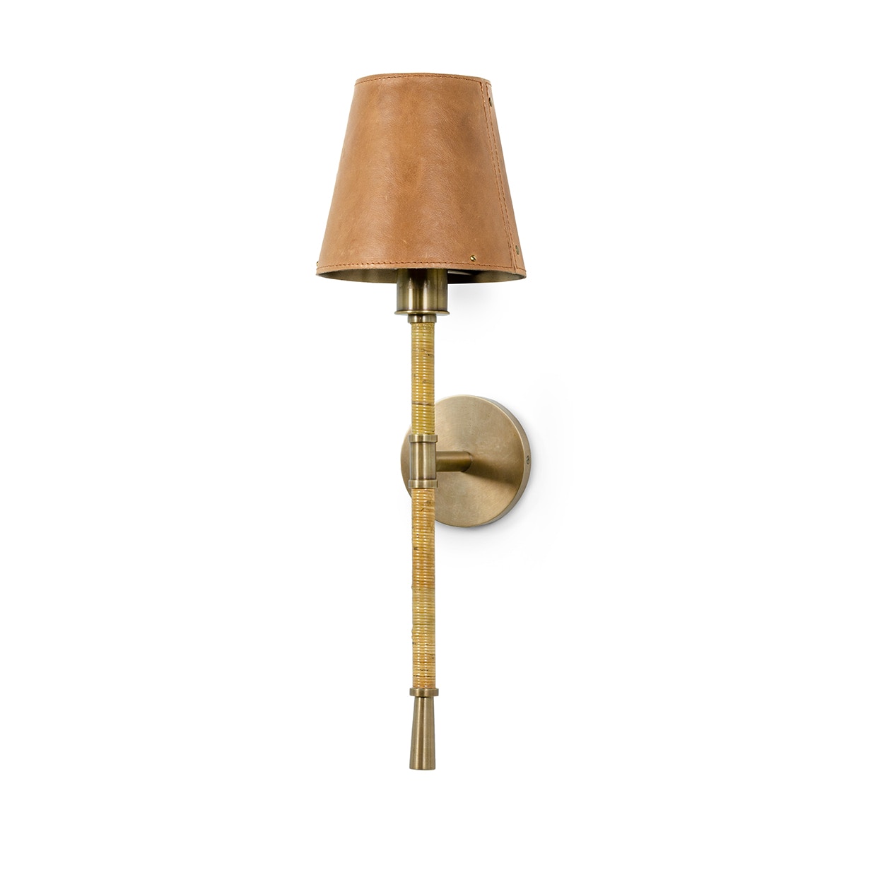 Metal shade features handwrapped leather accented with brass rivets
