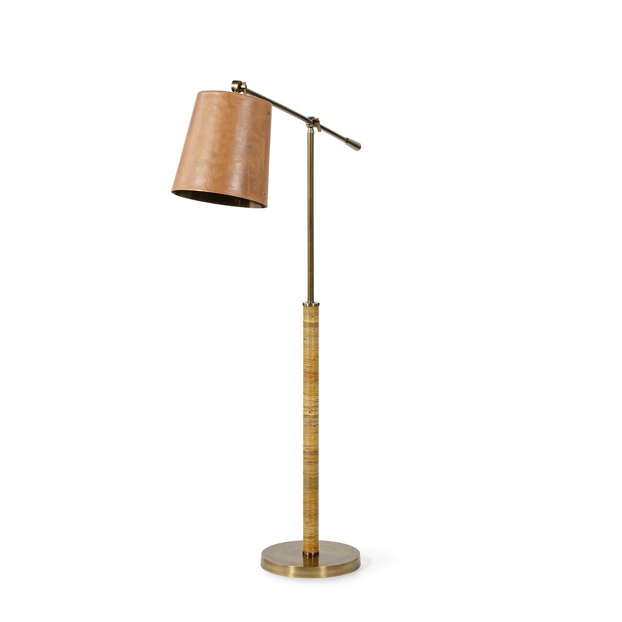 Metal shade features handwrapped leather accented with brass rivets