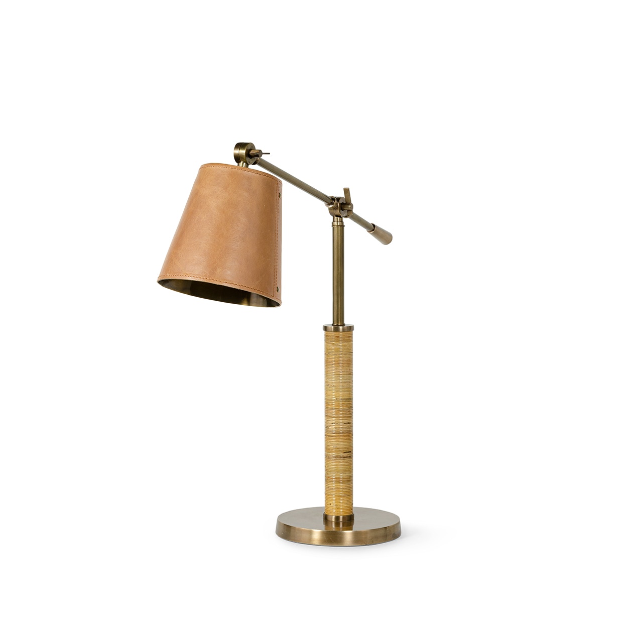 Metal shade features hand-wrapped leather accented with brass