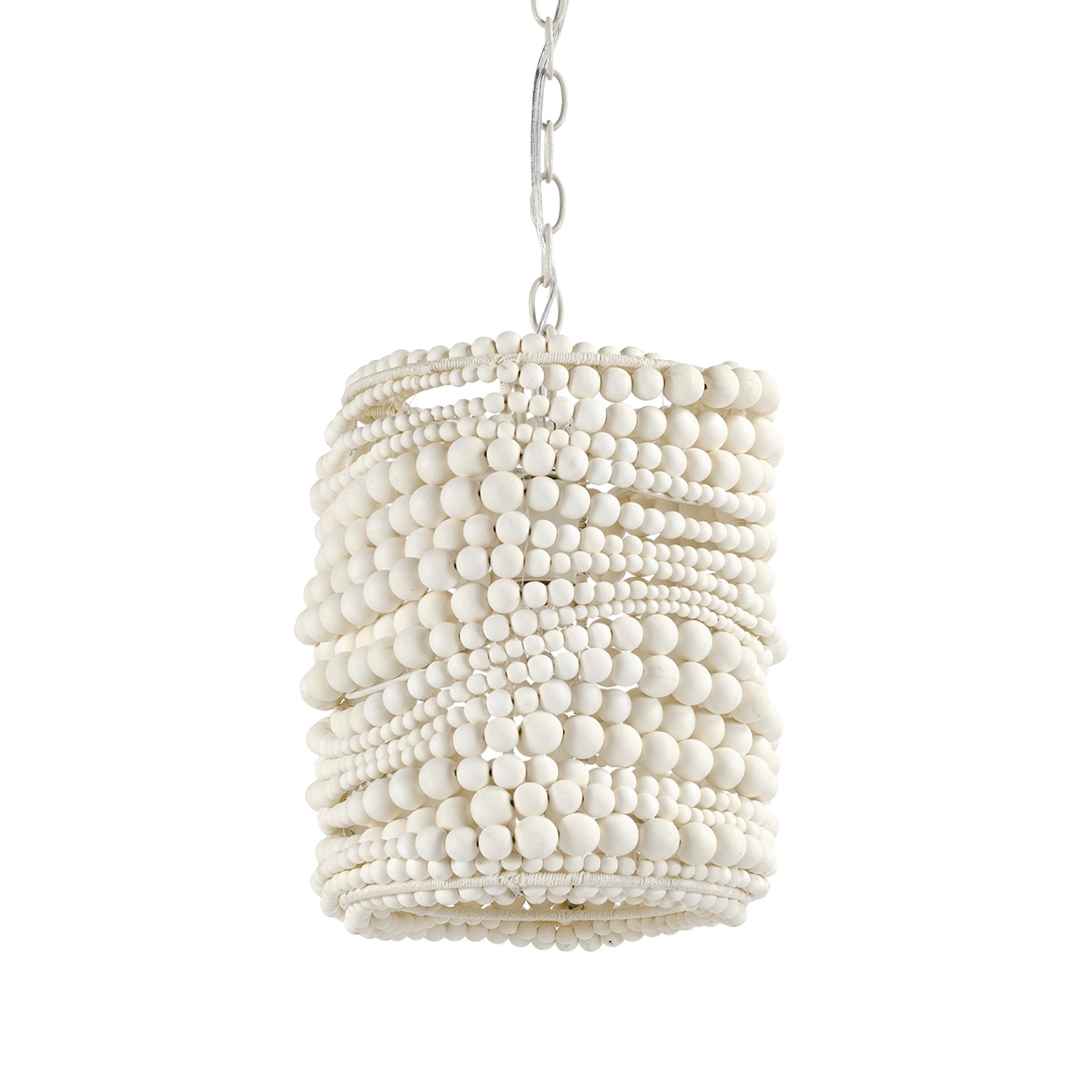 Wood beads in a soft white finish hand-sewn together over a metal