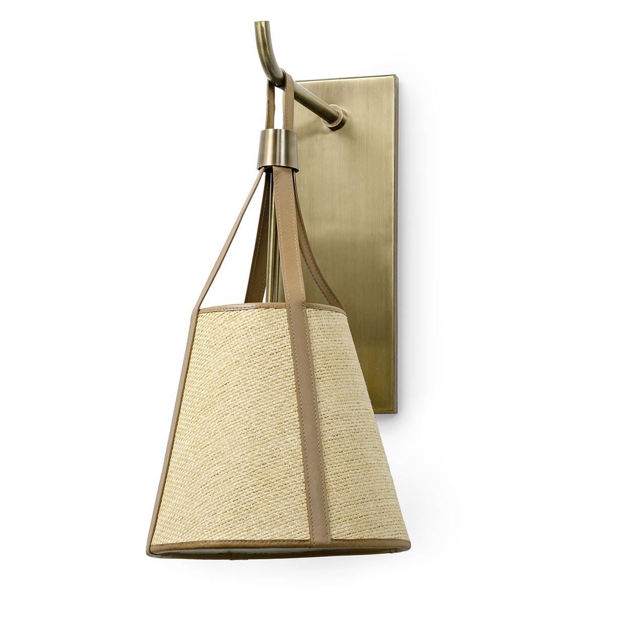 Natural raffia shade accented with leather. Sconce is complete