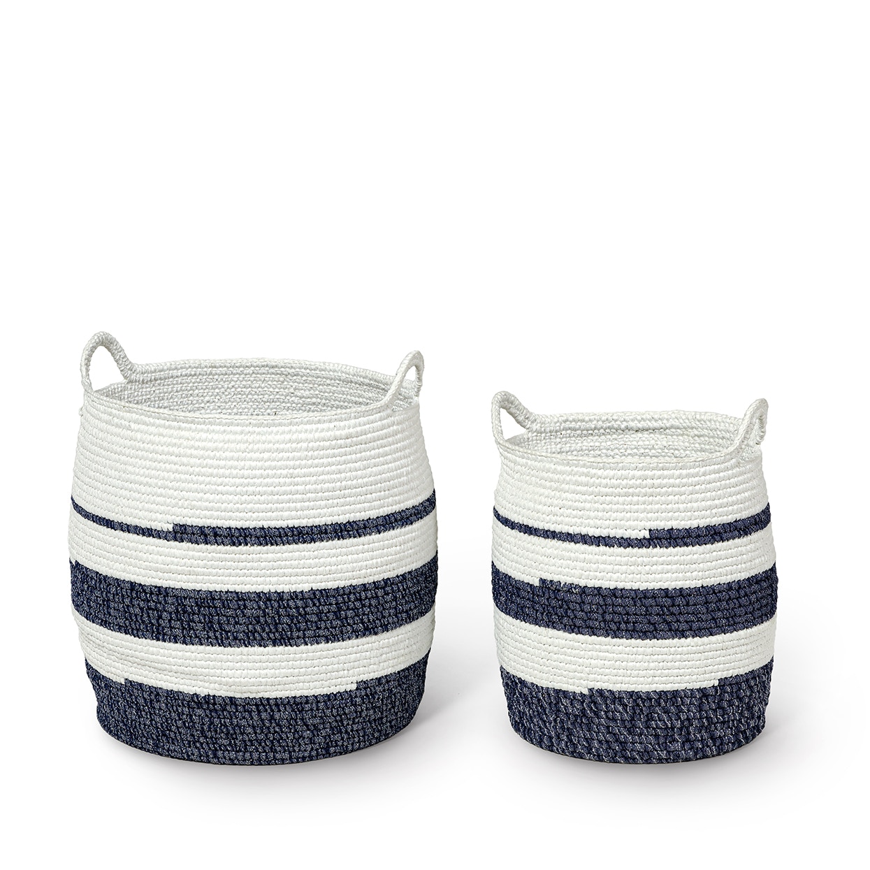 Basket with white and navy blue hand-woven cotton over rattan