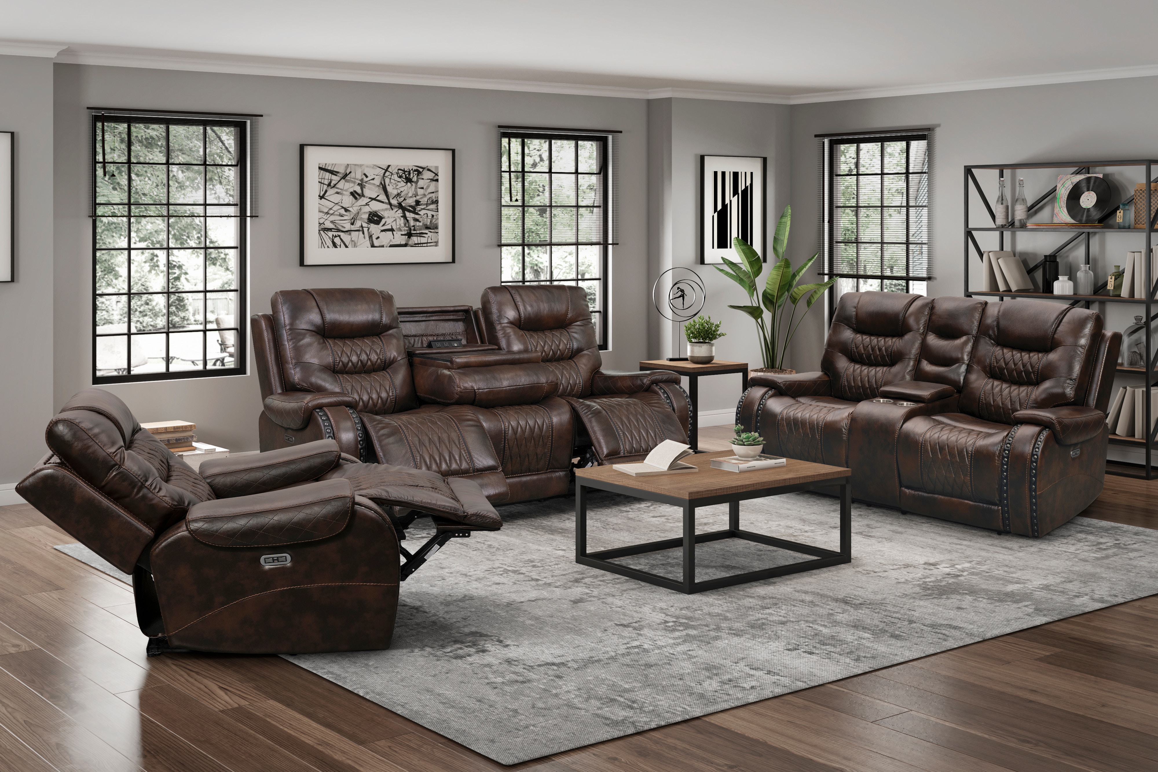 PRI Living Room Nailhead Trim Contemporary Power Recliner in