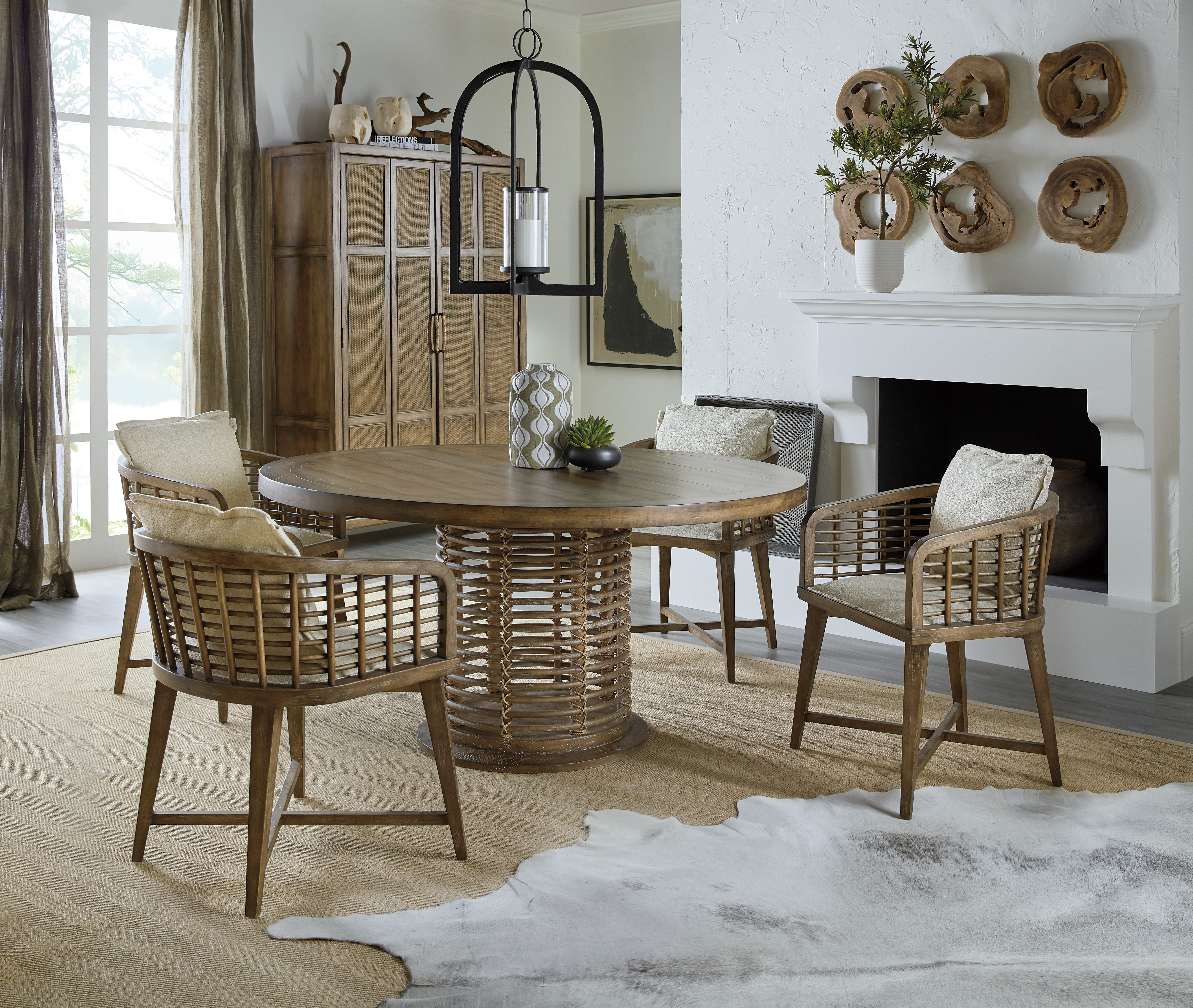 round dining table and wicker chairs