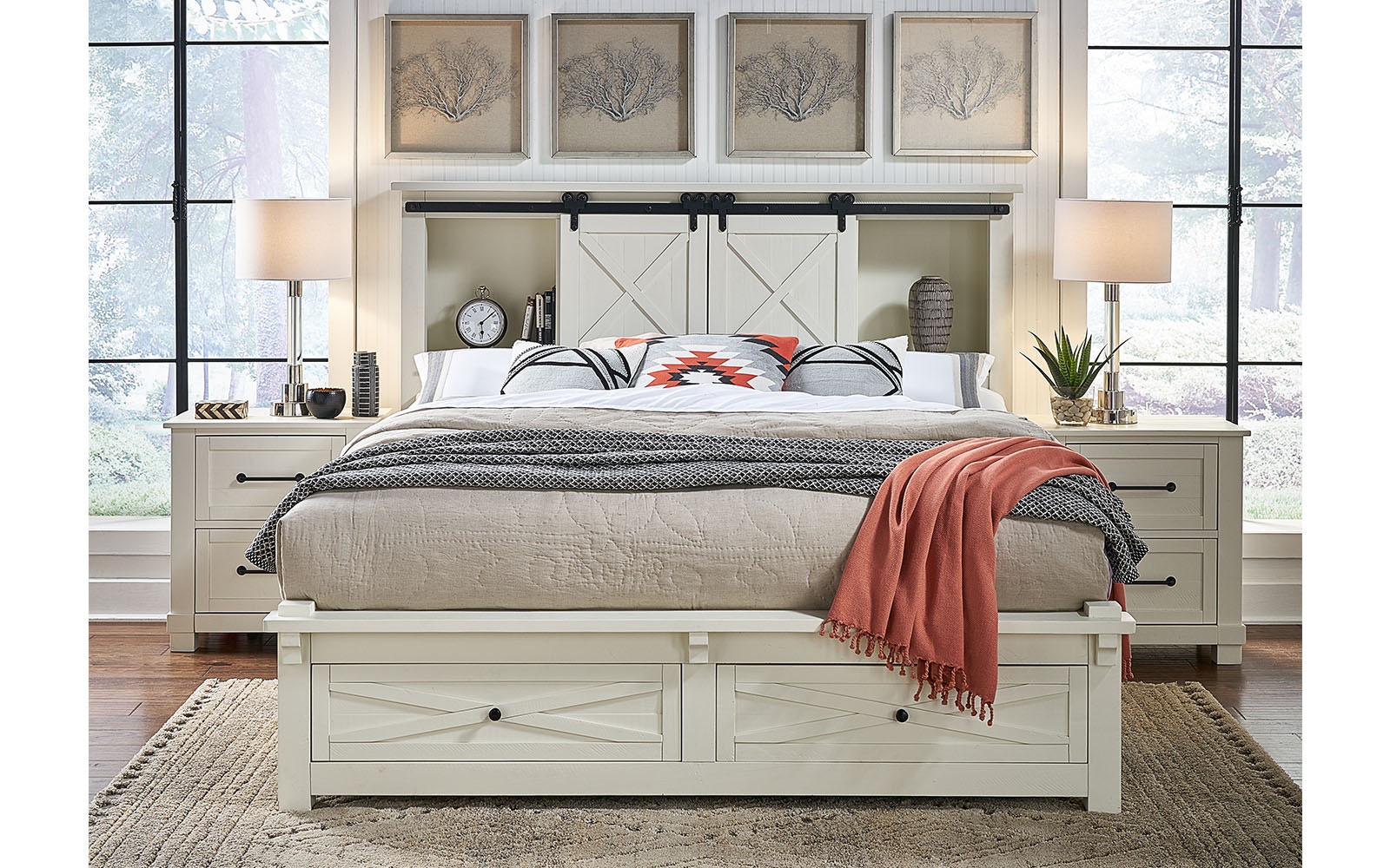 white queen storage bed with bookcase headboard