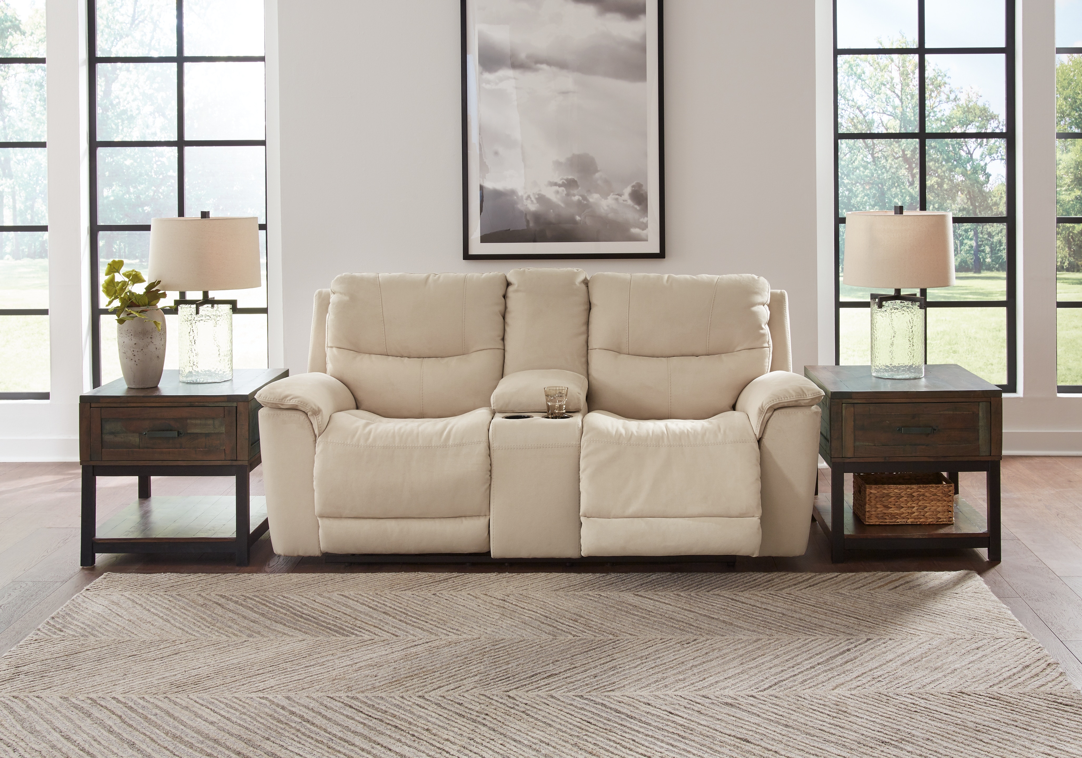 Beige reclining deals loveseat with console