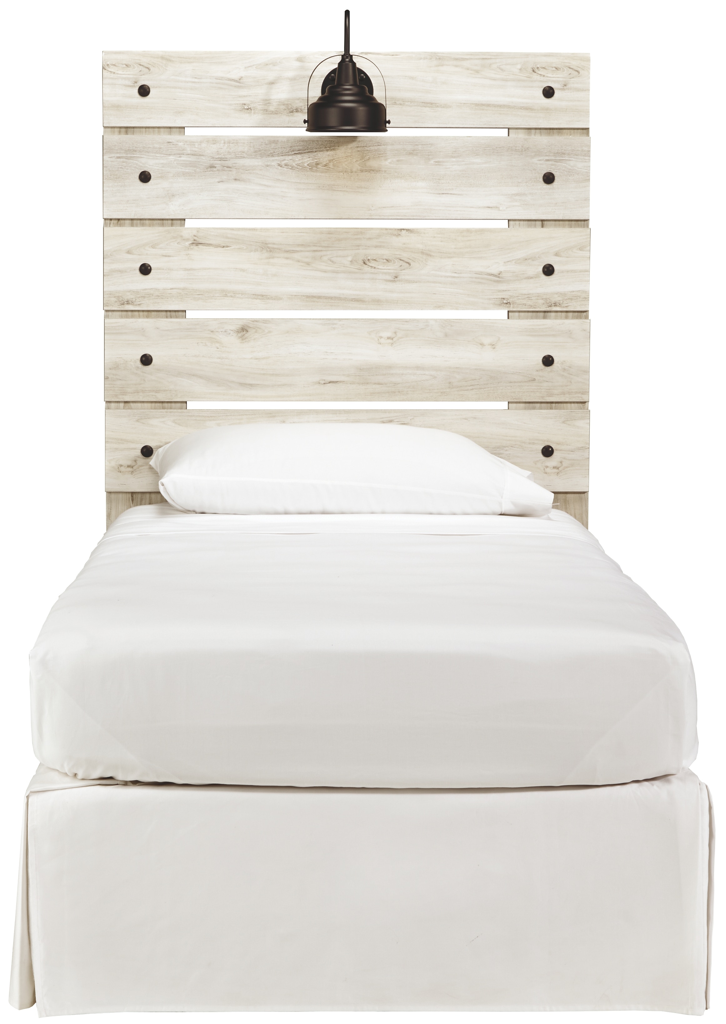 Twin bed store with white headboard