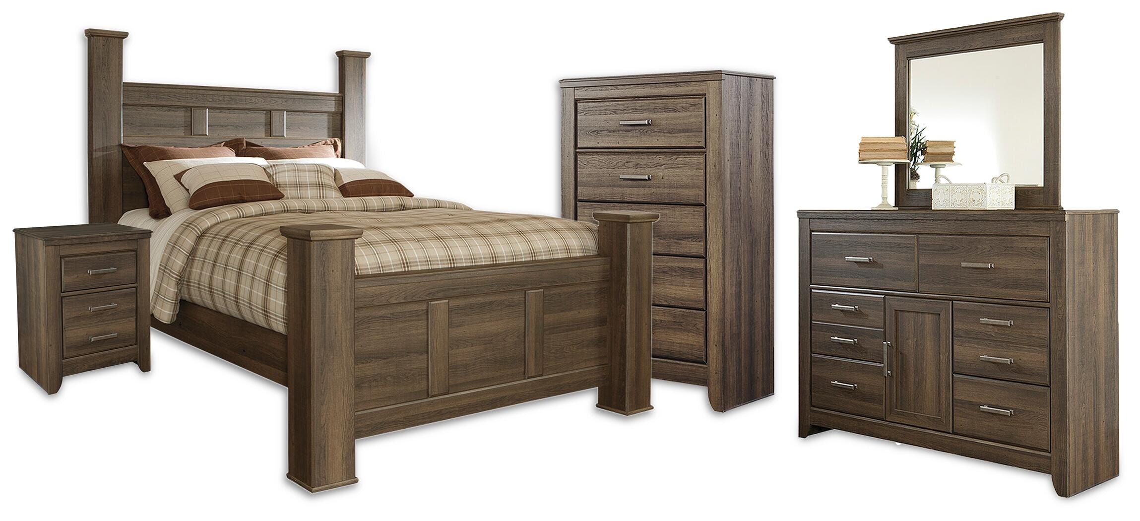 Signature Design by Ashley Juararo Queen Poster Bed, Dresser, Mirror, Chest and Nightstand 