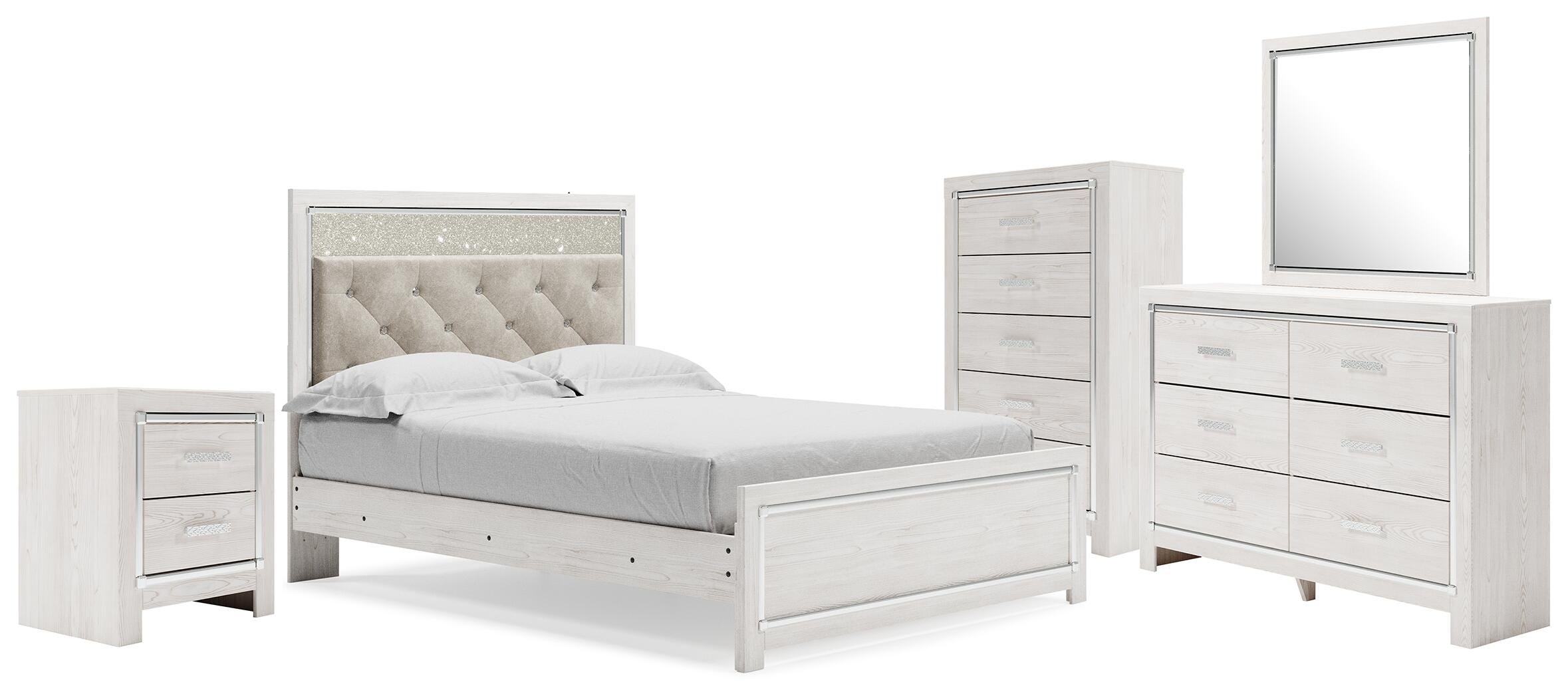  Altyra Queen Upholstered Panel Bed, Dresser, Mirror, Chest and Nightstand 