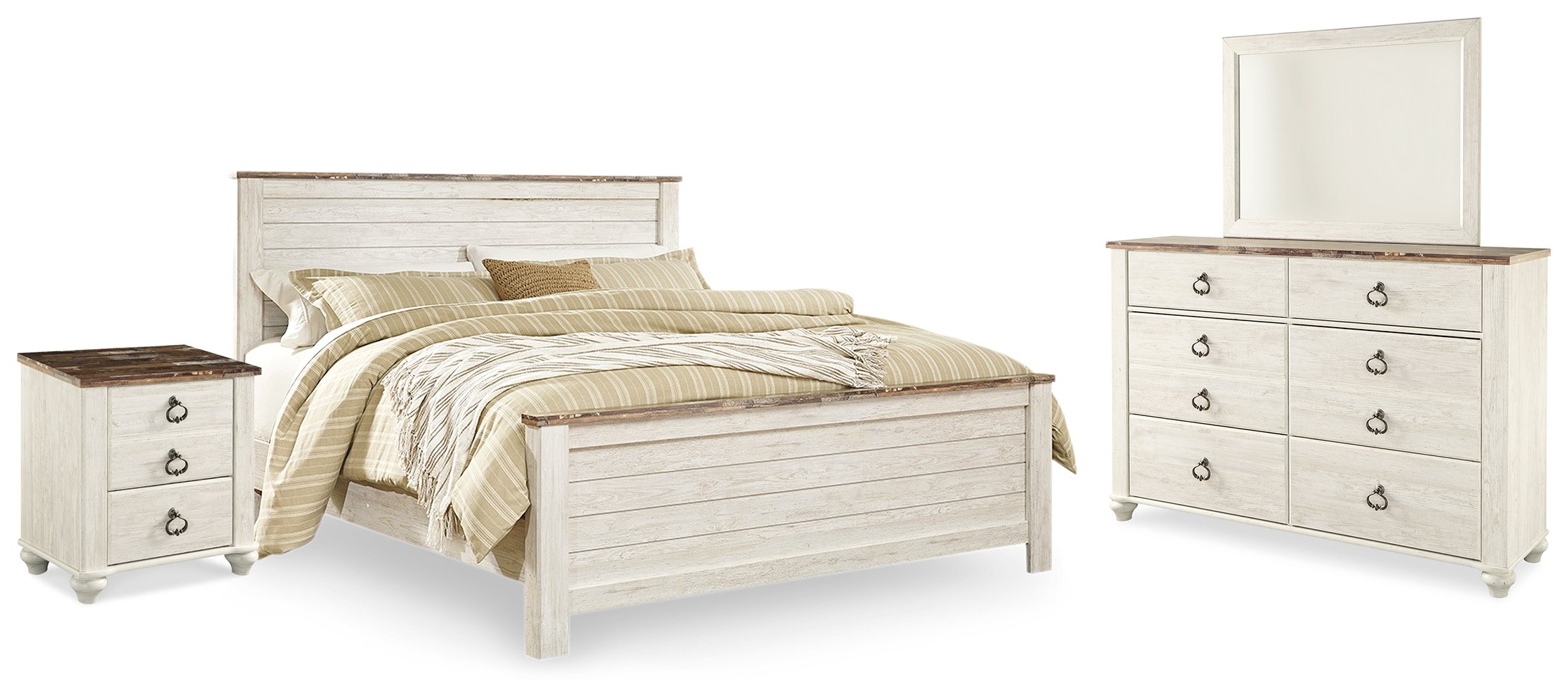 Signature Design by Ashley Bedroom Willowton King Panel Bed Dresser Mirror and Nightstand