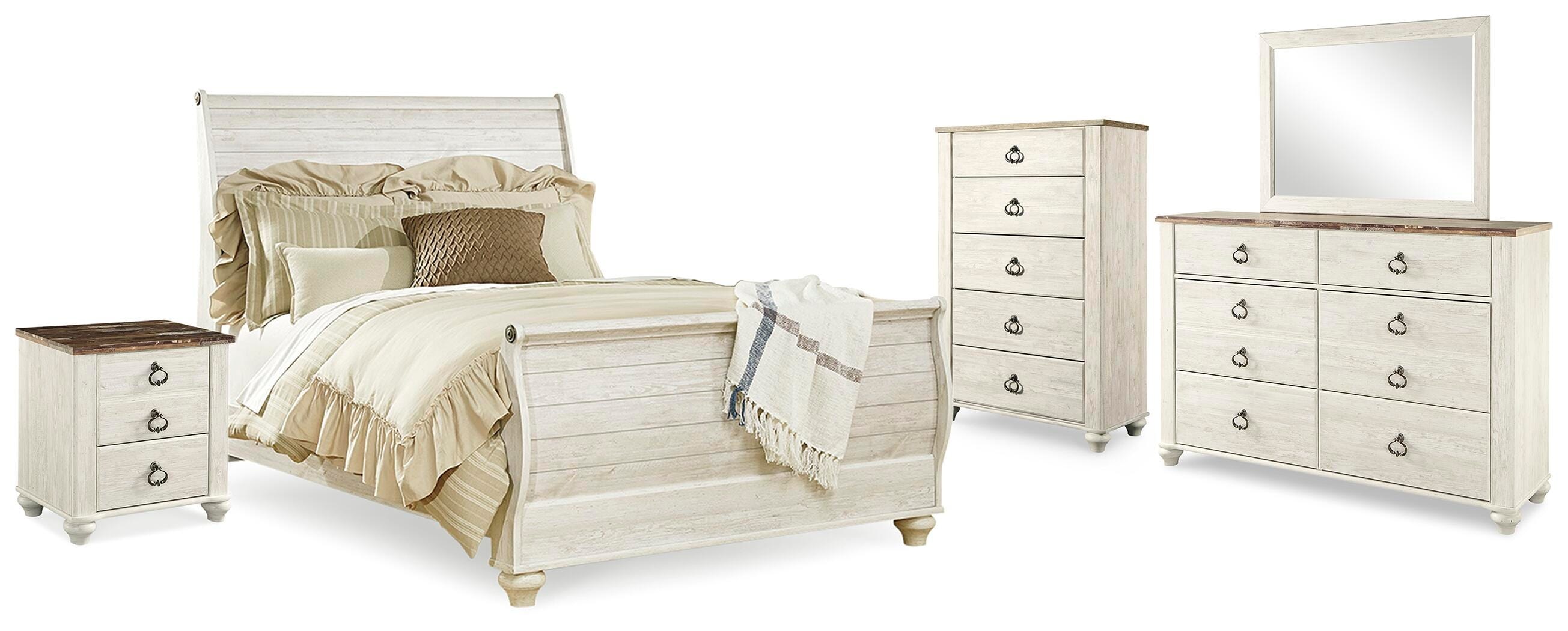  Willowton Queen Sleigh Bed, Dresser, Mirror, Chest and Nightstand 