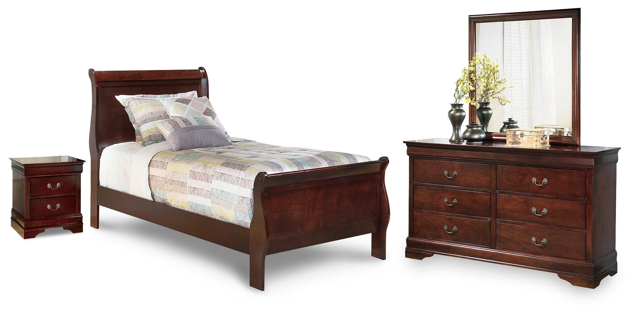  Alisdair Twin Sleigh Bed, Dresser, Mirror and Nightstand 
