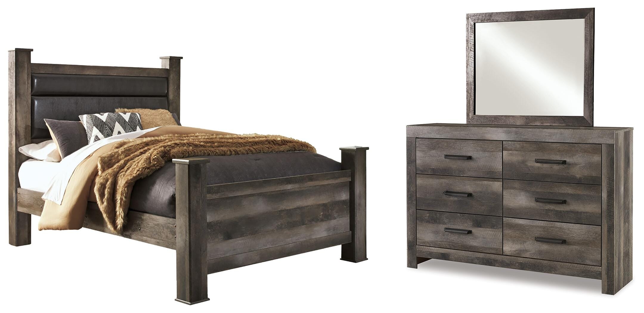  Wynnlow Queen Upholstered Poster Bed, Dresser and Mirror 