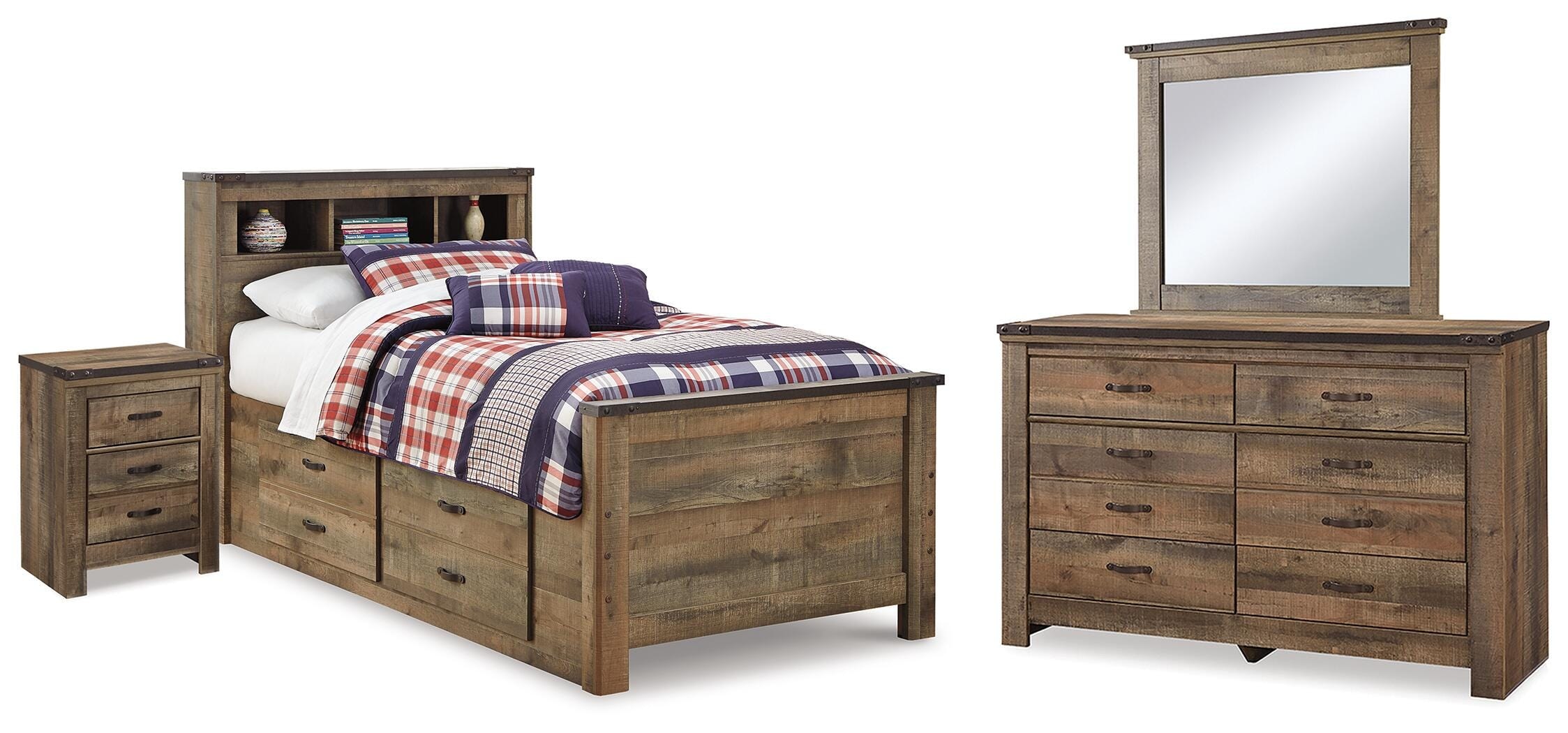 Ashley Trinell Twin Bookcase Storage Bed, Dresser, Mirror and Nightstand B446B98