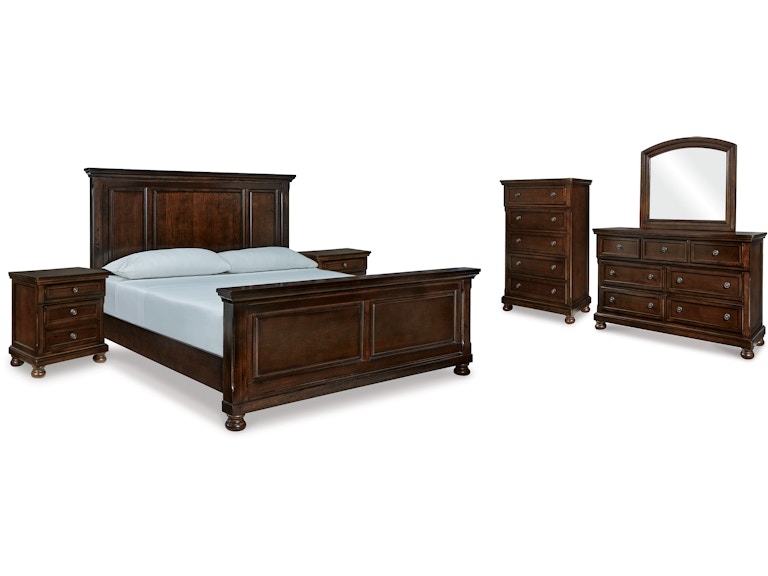 Millennium Porter California King Panel Bed, Dresser, Mirror, Chest and 2 Nightstands B697B39