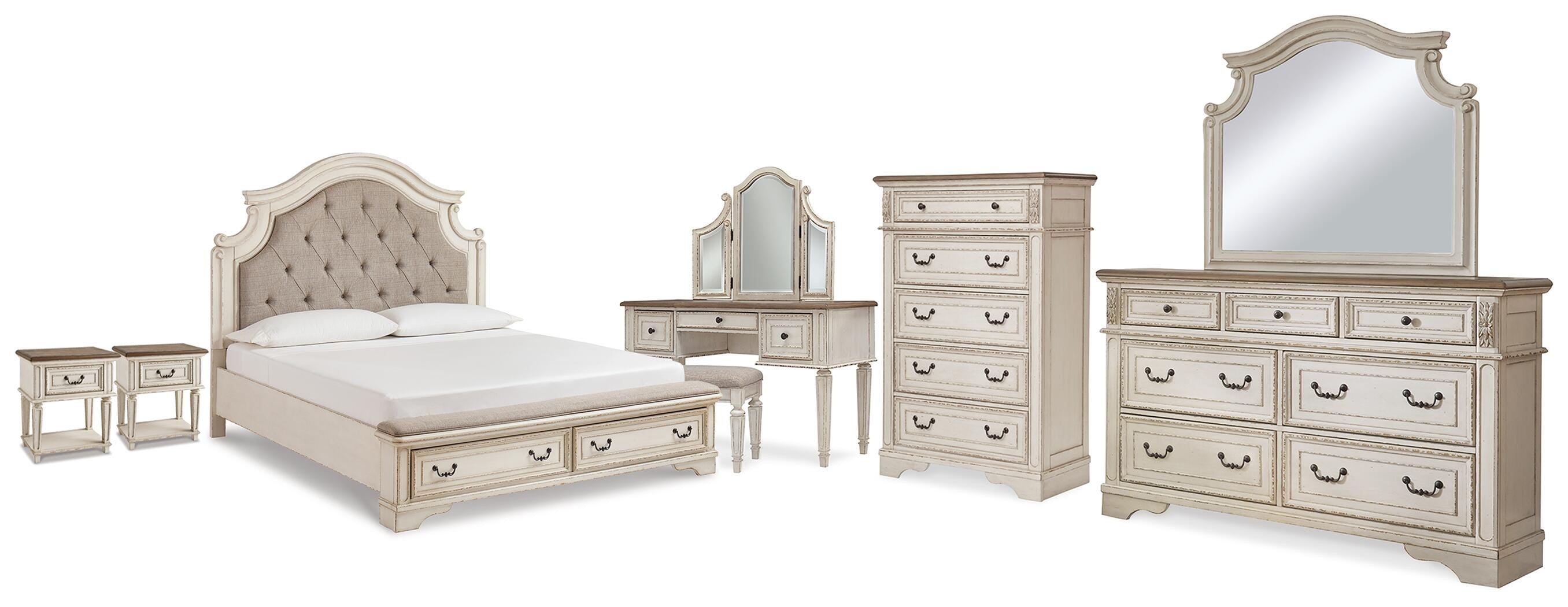  Realyn King Storage Bed, Dresser, Mirror, Chest, Vanity with Stool and 2 Nightstands 